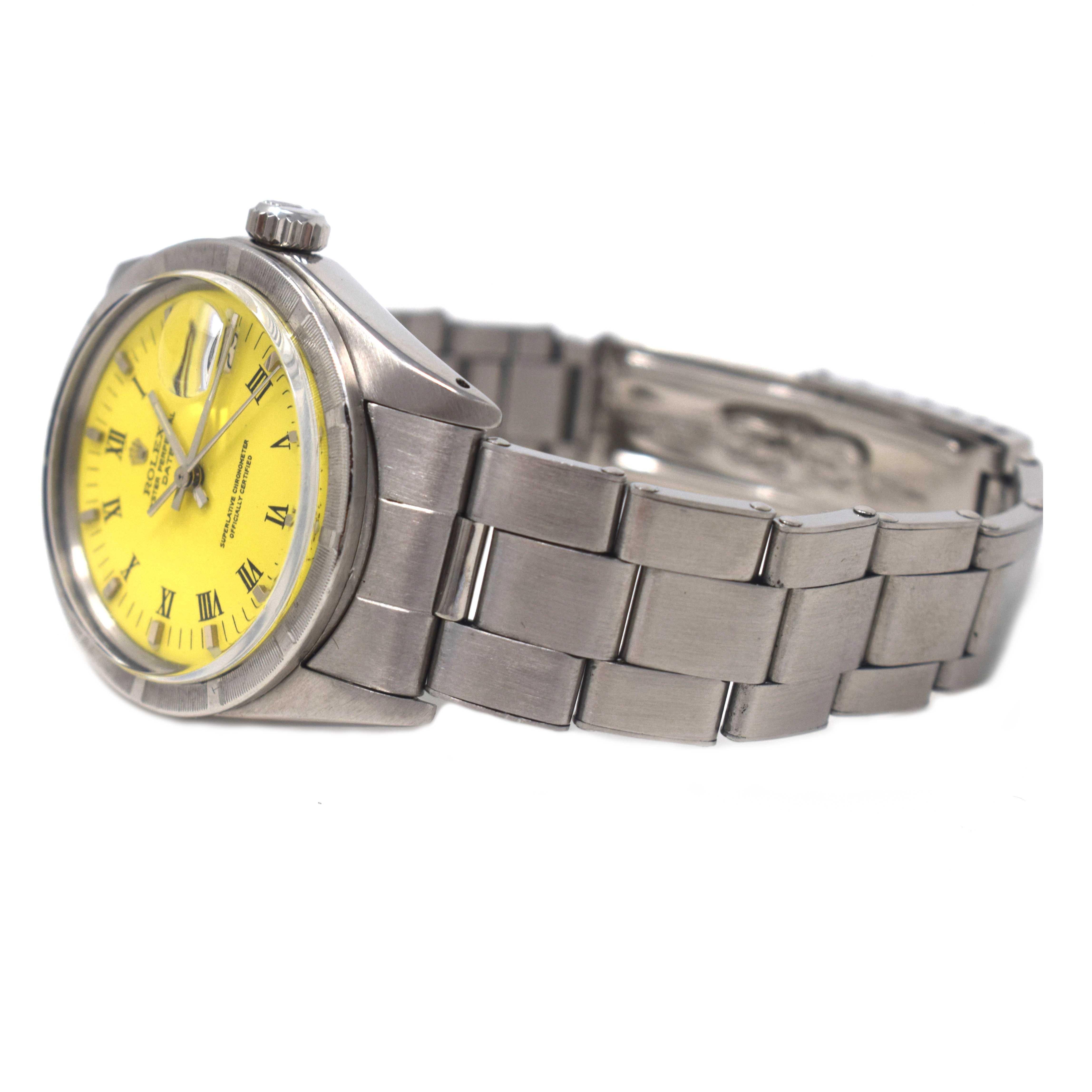 Brilliance Jewels, Miami
Questions? Call Us Anytime!
786,482,8100

Brand: Rolex

Model Number: 1501

Model Name:  Date

Serial Number:  3,4** (either 1973)

Movement: Automatic

Case Size:  35 mm

Dial Color: Yellow

Dial: Roman Numerals 

Bracelet