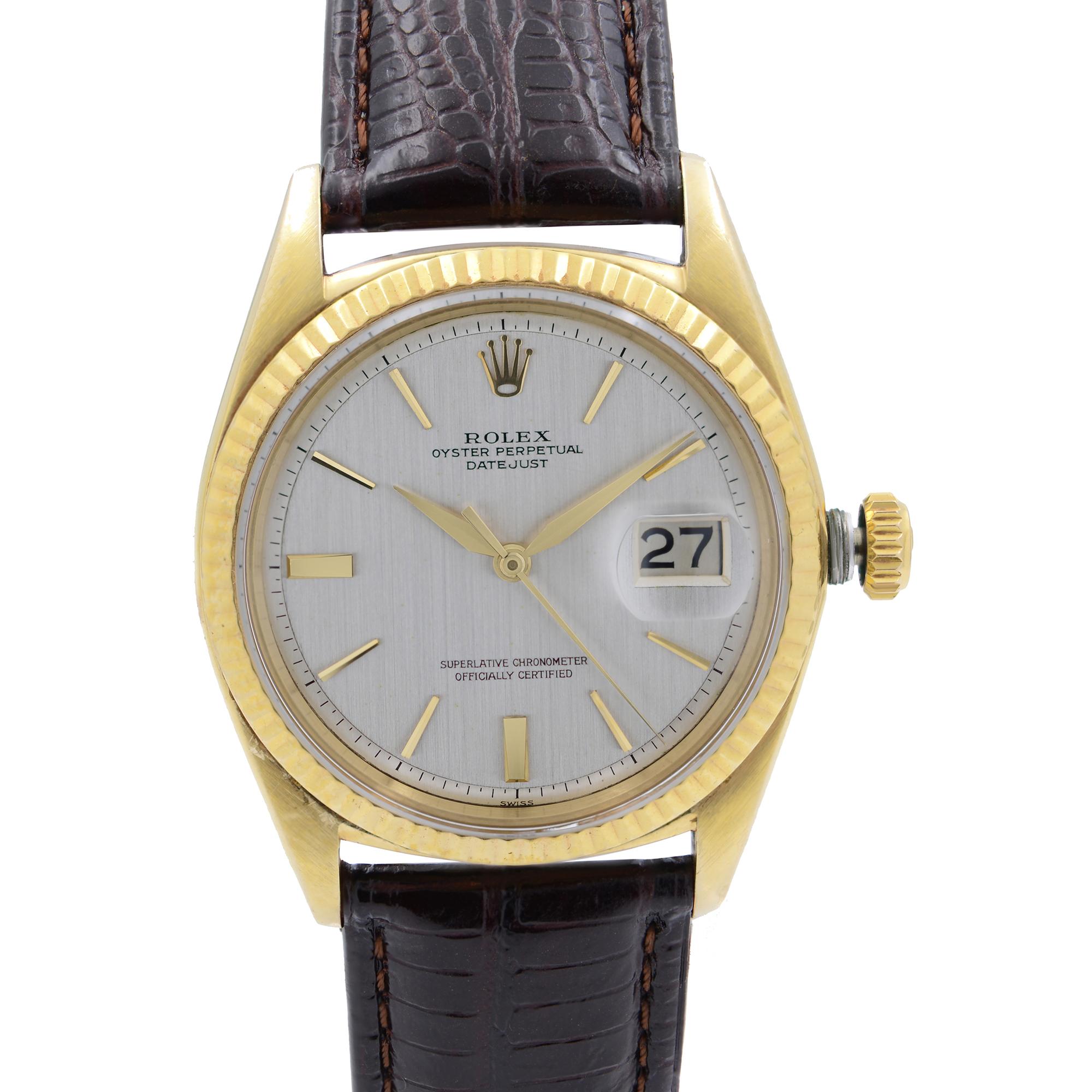 Pre Owned Vintage Rolex Datejust 14K Yellow Gold Silver Dial Automatic Men's Watch 1601. Minor Patina Signs on Dial due to aging.  Watch Was produced Circa the 1950s. This Beautiful Timepiece is Powered by Mechanical (Automatic) Movement And