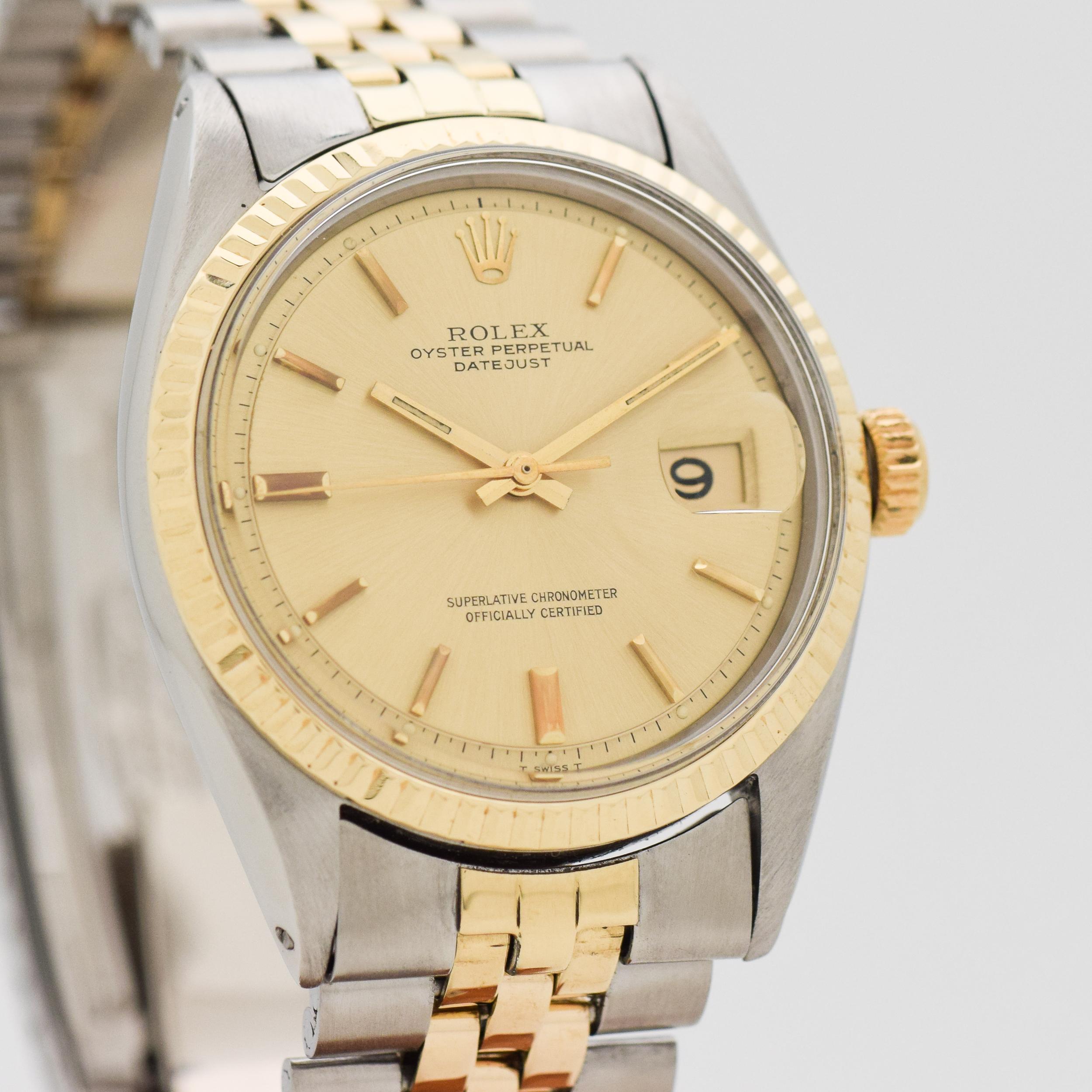 1971 Vintage Rolex Datejust Ref. 1601 Two Tone 14k Yellow Gold and Stainless Steel watch with Original Champagne Dial with Applied Gold Color Rounded Stick/Bar/Baton Markers with Original Rolex Two Tone 14k Yellow Gold and Stainless Steel Jubilee