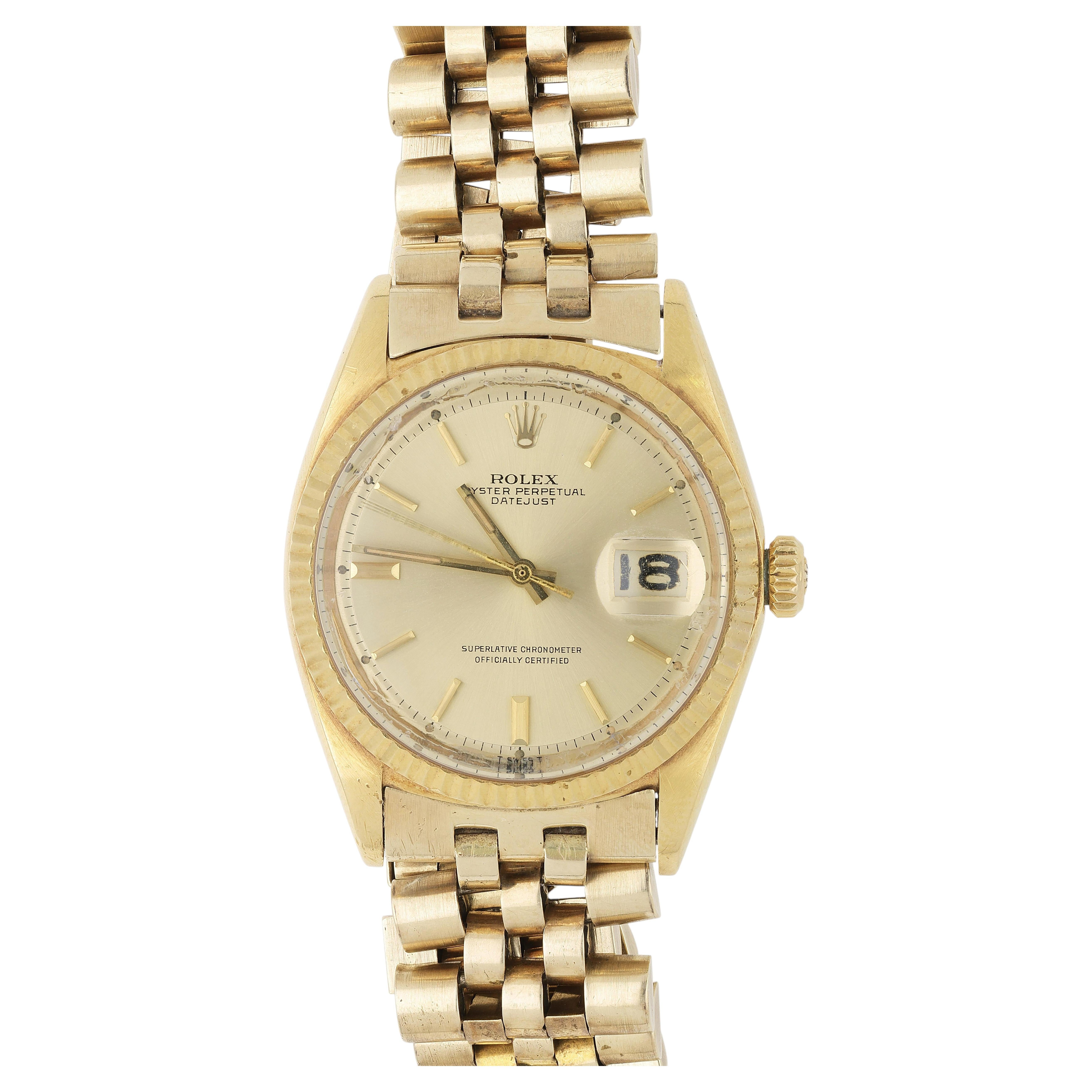 Vintage Rolex Datejust 1601 14K Yellow Gold Pie Pan Dial Jubilee Bracelet Watch For Sale
