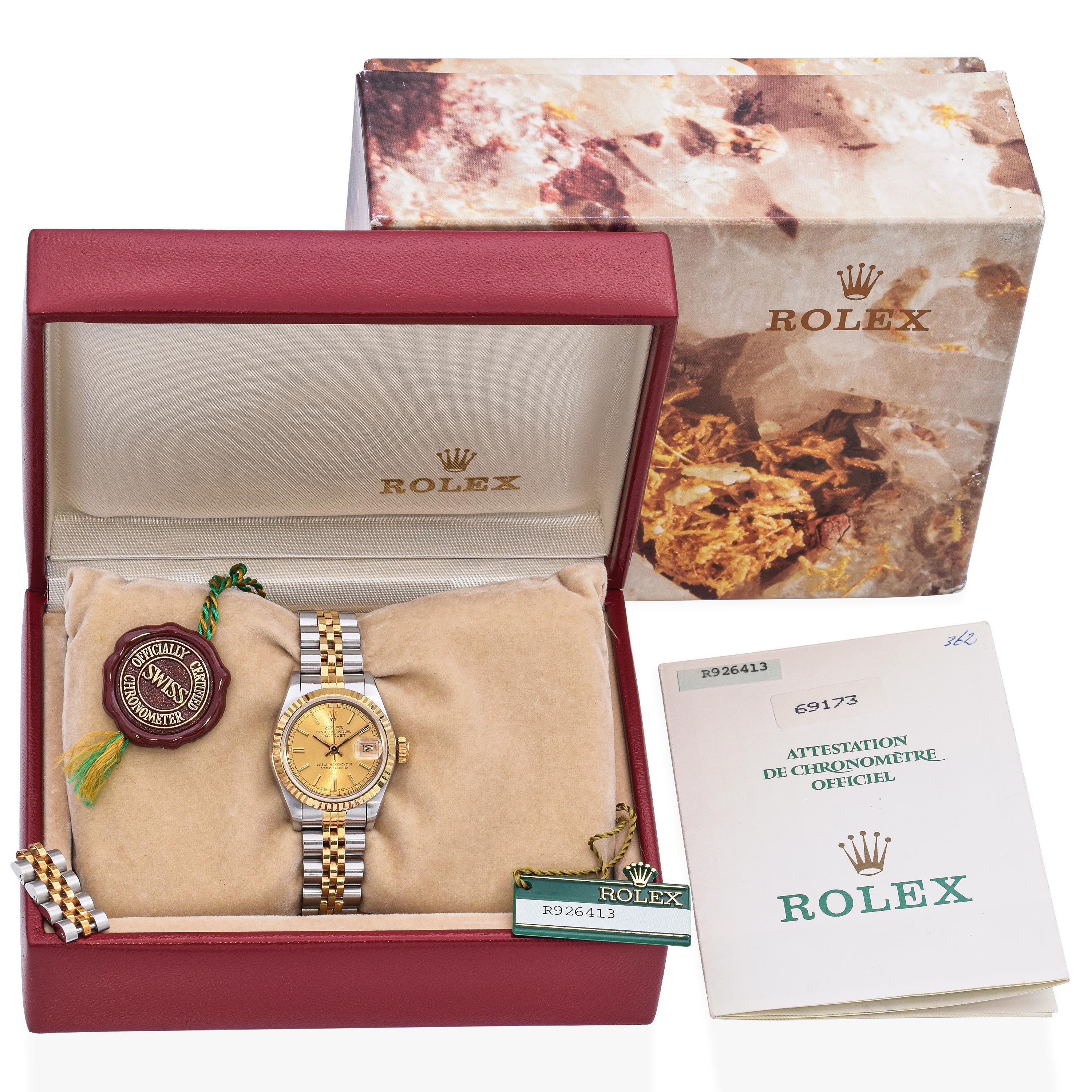 Brand: Rolex
Model: Oyster Perpetual Datejust
Reference Number: R926413
Case Size: 26mm
Movement: Automatic
Material: Stainless Steel
Size: 5 1/2