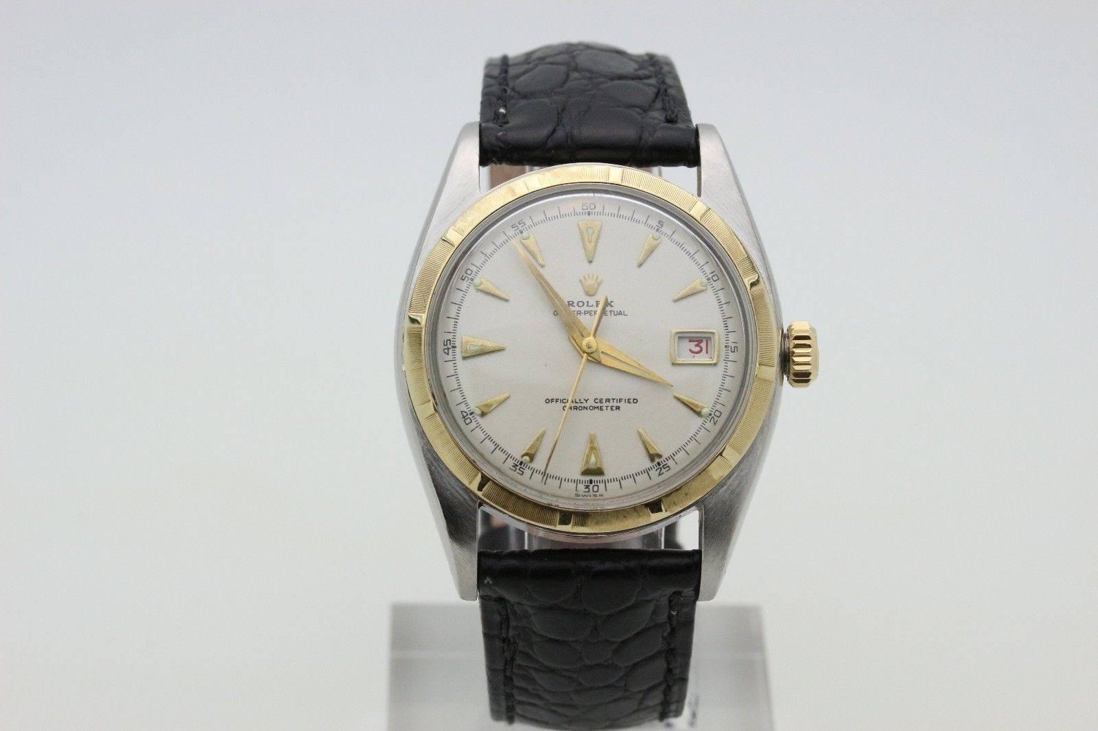 Vintage Rolex Datejust 6105 Bubble Back Ovettone 18 Karat Gold and Stainless In Excellent Condition In San Diego, CA
