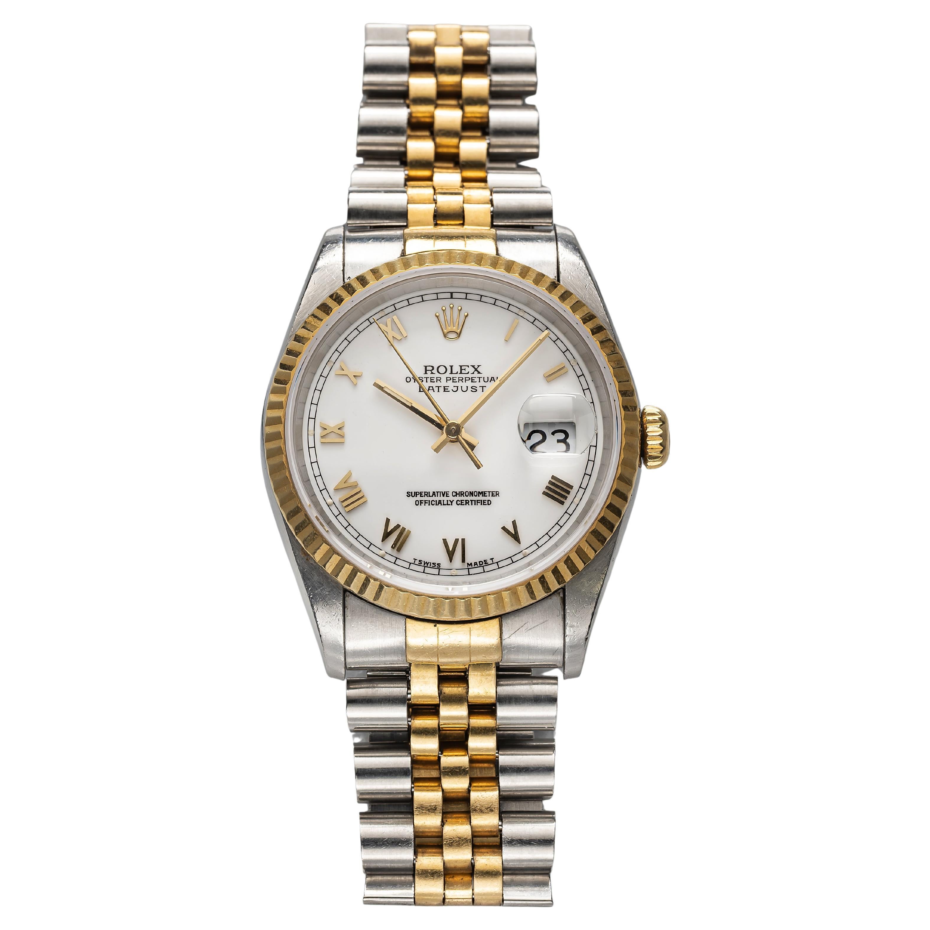 Vintage Rolex Datejust 80s Ref 16233 Automatic Gold Two Tone White Roman Numeral