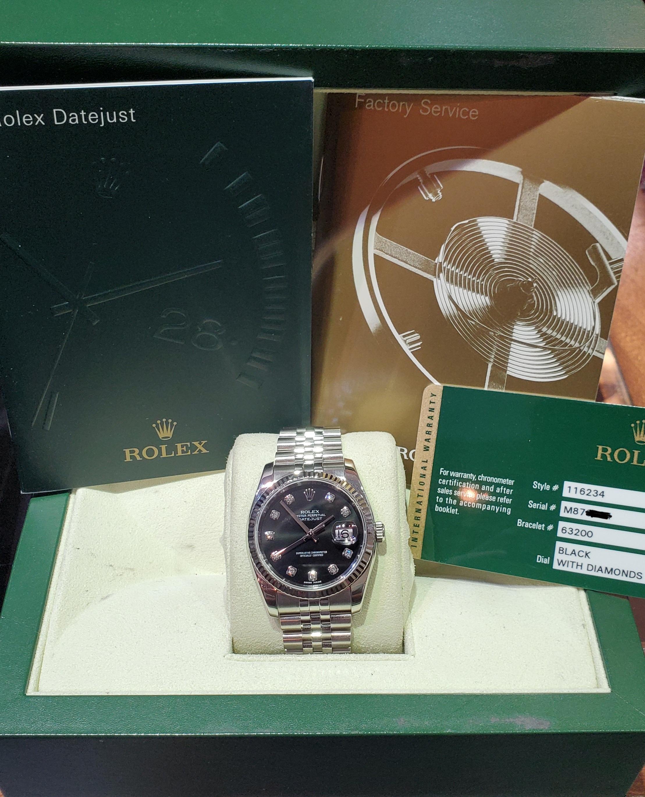 Vintage Rolex Datejust, Black Diamond Dial, 18 Karat Bezel on Jubilee  Bracelet For Sale at 1stDibs