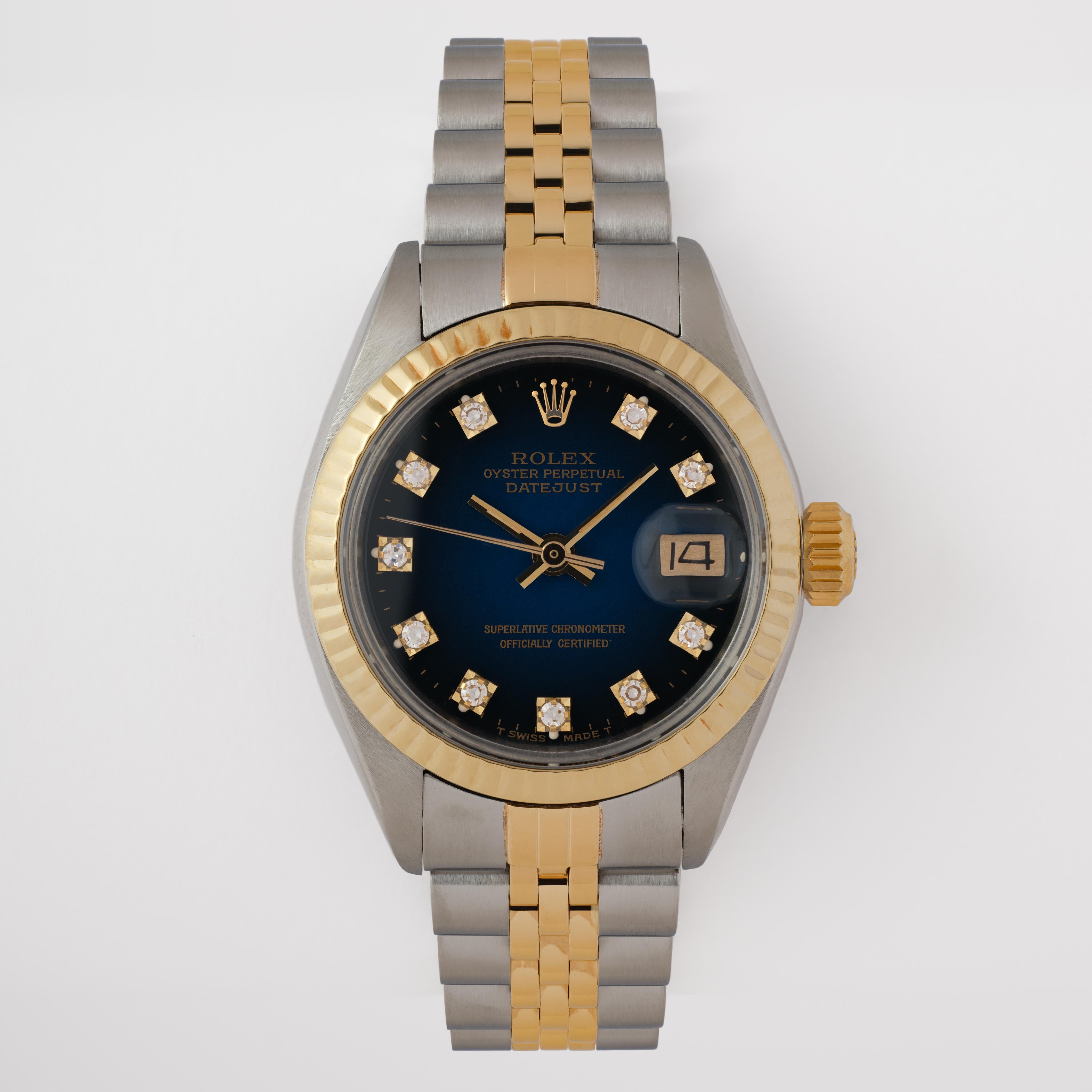 Vintage Rolex DateJust Modell 6717 Blau Vignette Zifferblatt Edelstahl 18 Karat Karte (Moderne) im Angebot