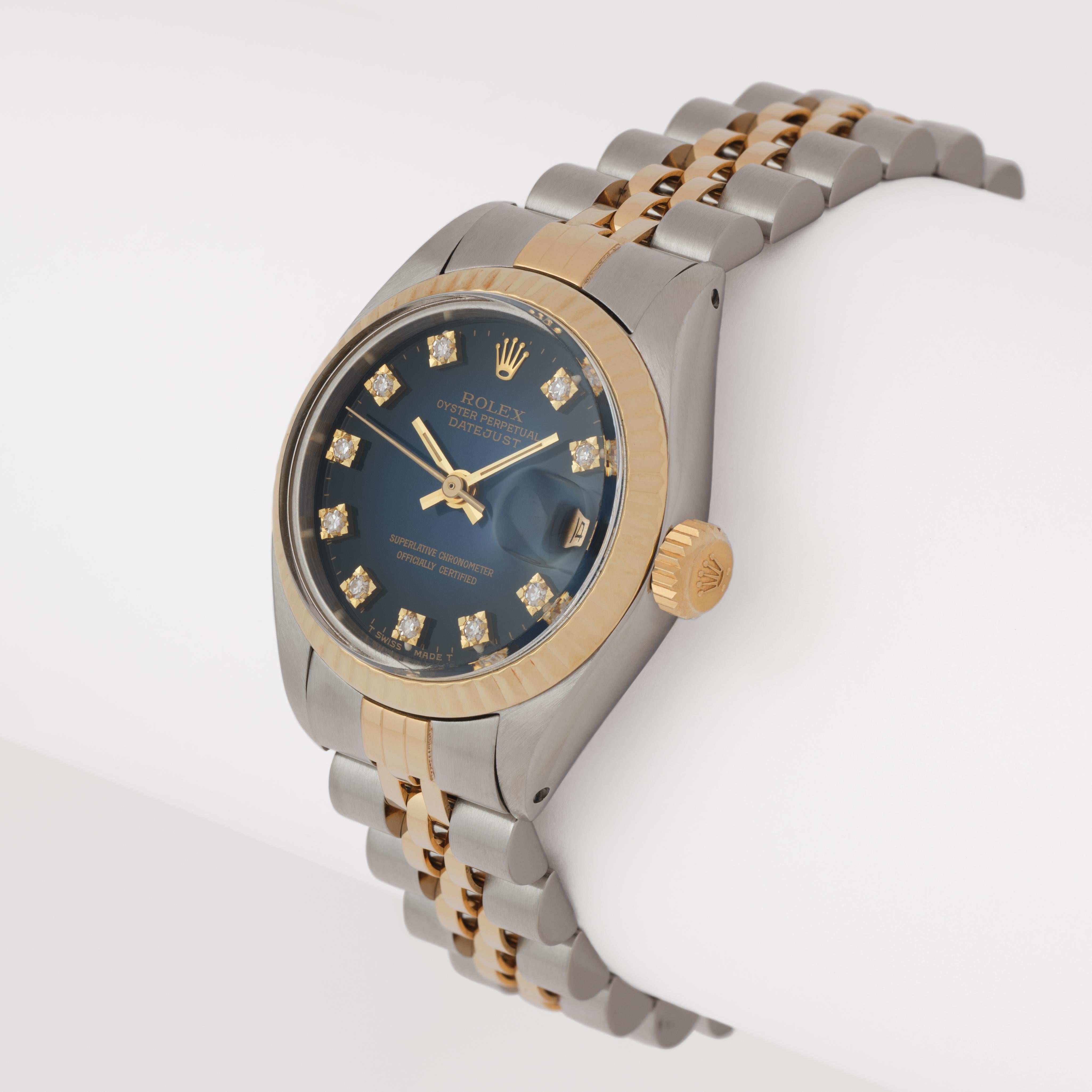 Vintage Rolex DateJust Modell 6717 Blau Vignette Zifferblatt Edelstahl 18 Karat Karte im Zustand „Gut“ im Angebot in New York, NY