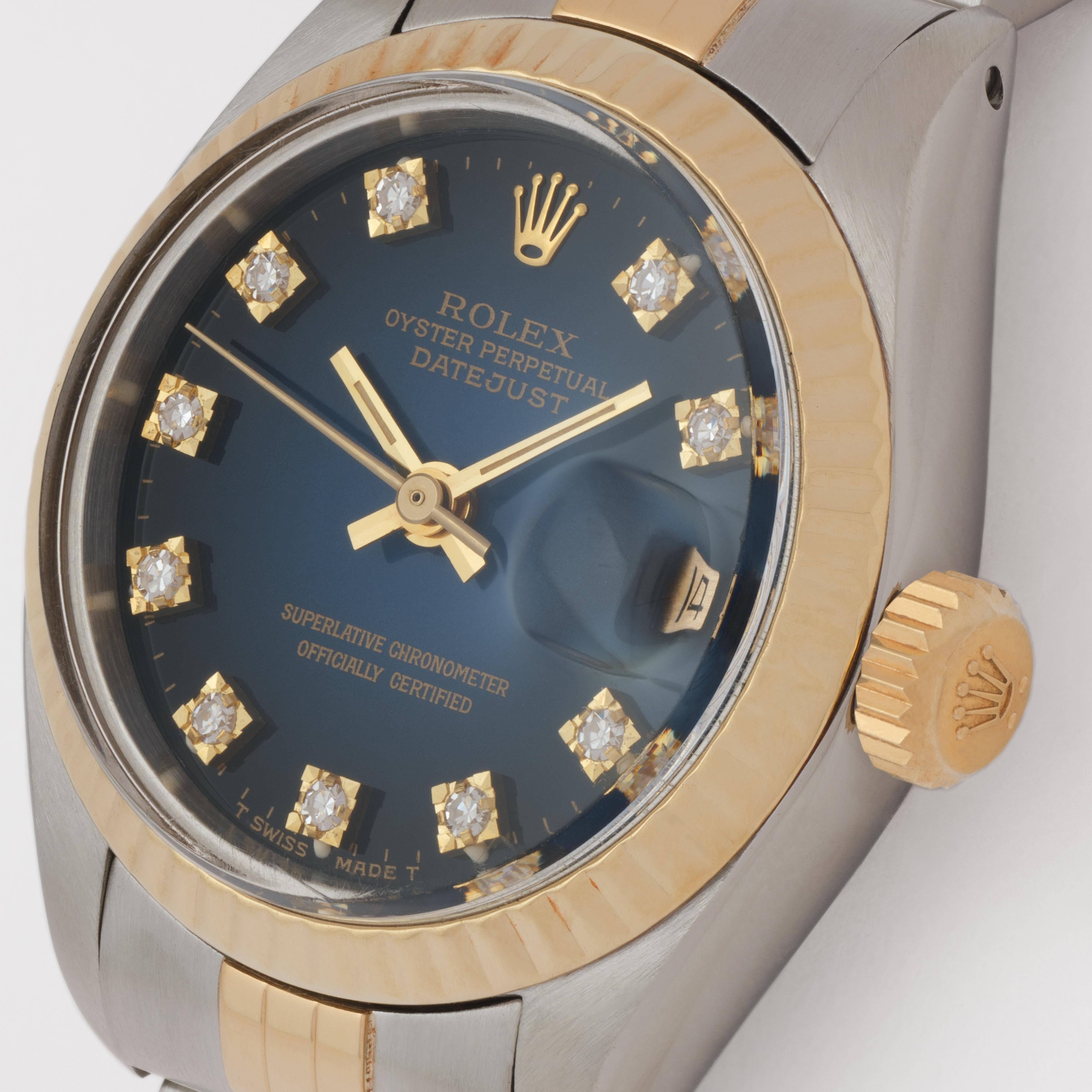 Vintage Rolex DateJust Modell 6717 Blau Vignette Zifferblatt Edelstahl 18 Karat Karte für Damen oder Herren im Angebot