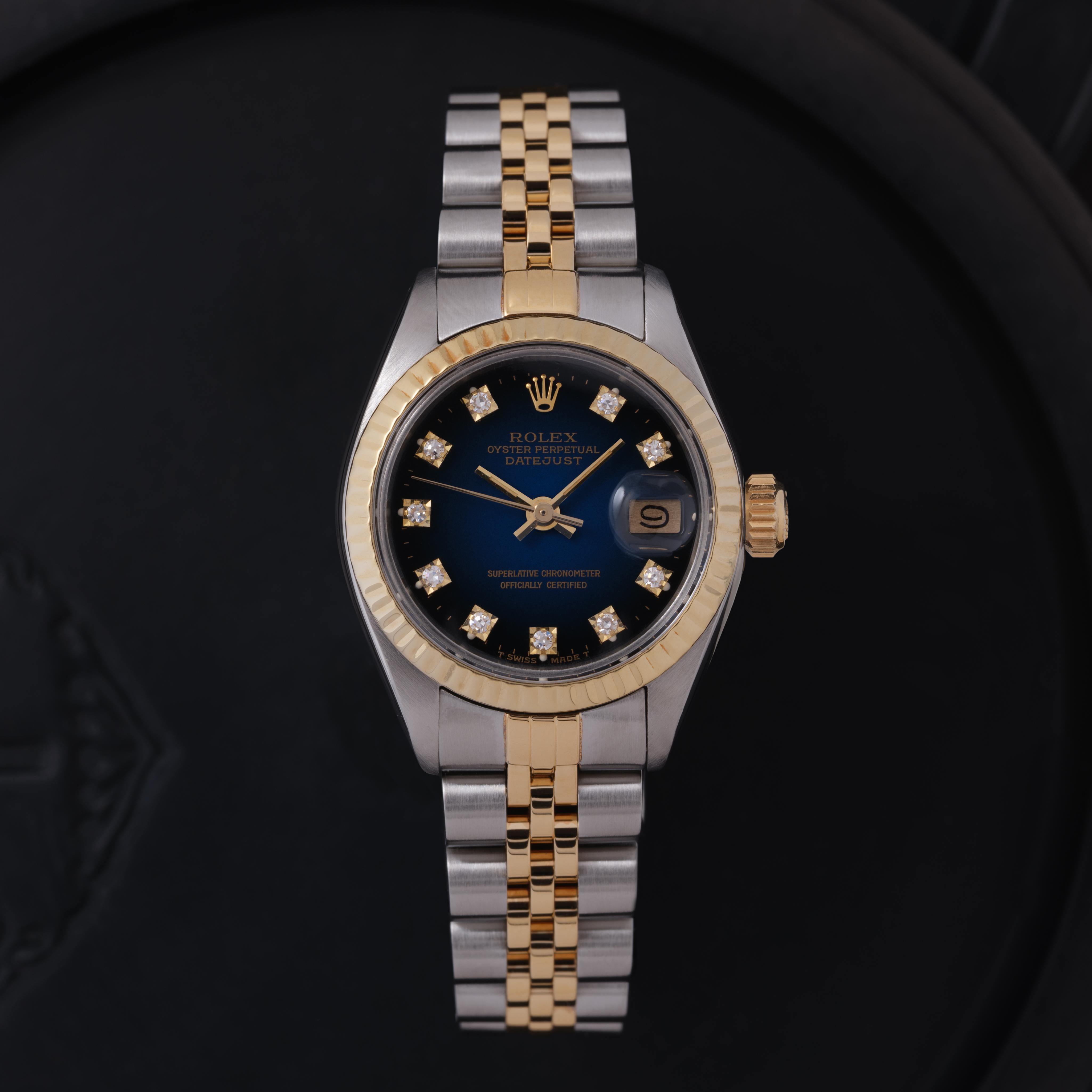 Vintage Rolex DateJust Modell 6717 Blau Vignette Zifferblatt Edelstahl 18 Karat Karte im Angebot 4
