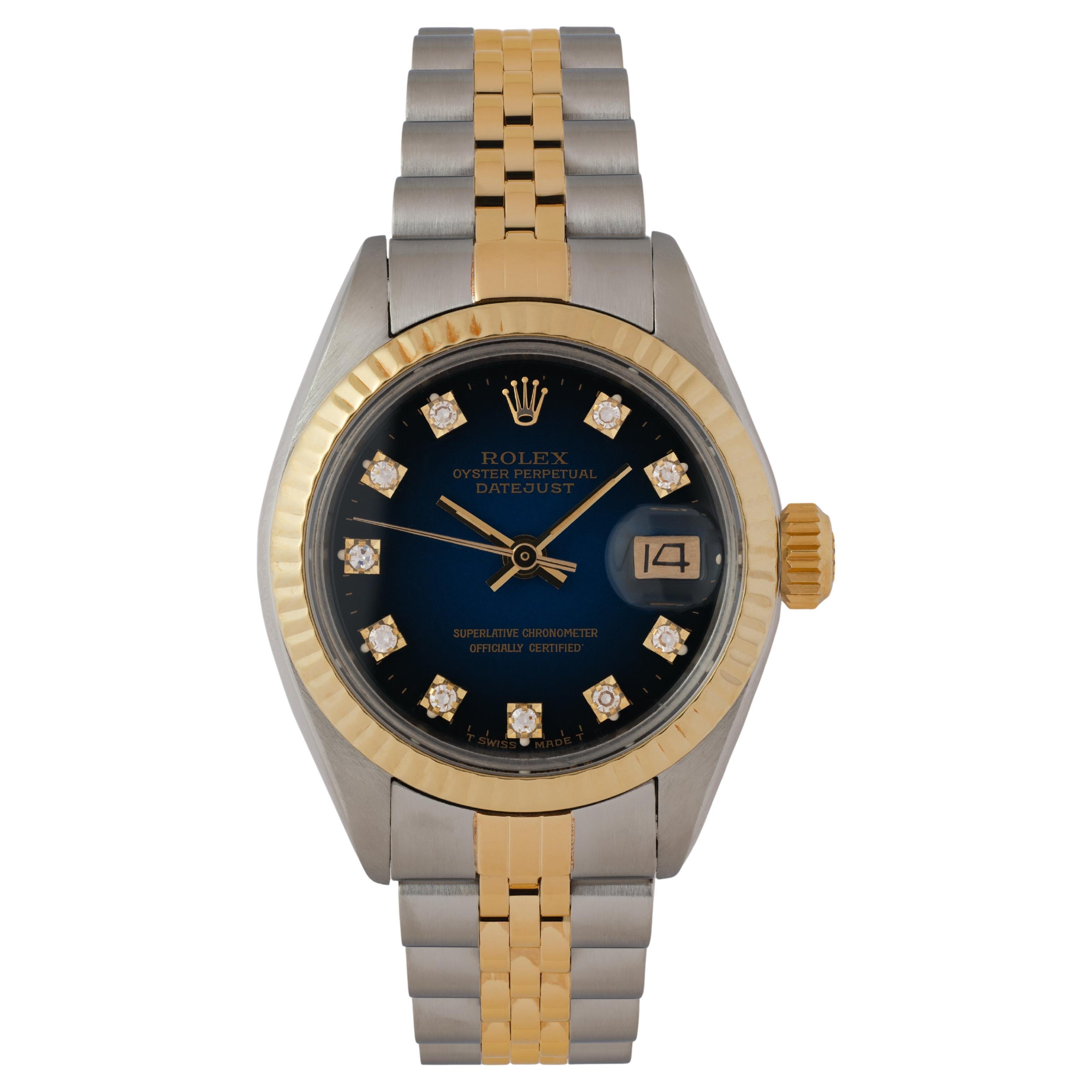 Vintage Rolex DateJust Modell 6717 Blau Vignette Zifferblatt Edelstahl 18 Karat Karte im Angebot