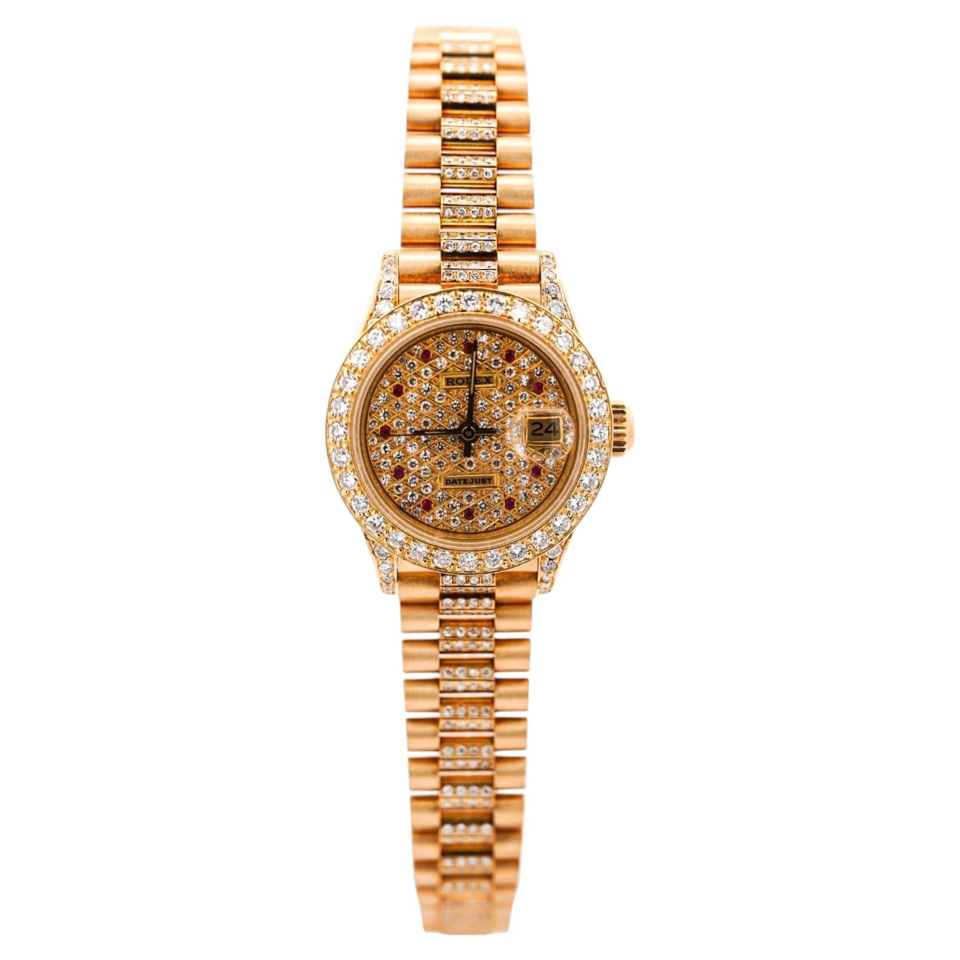 Vintage Rolex Datejust Presidential Diamond Ruby 18K Gold Watch en vente