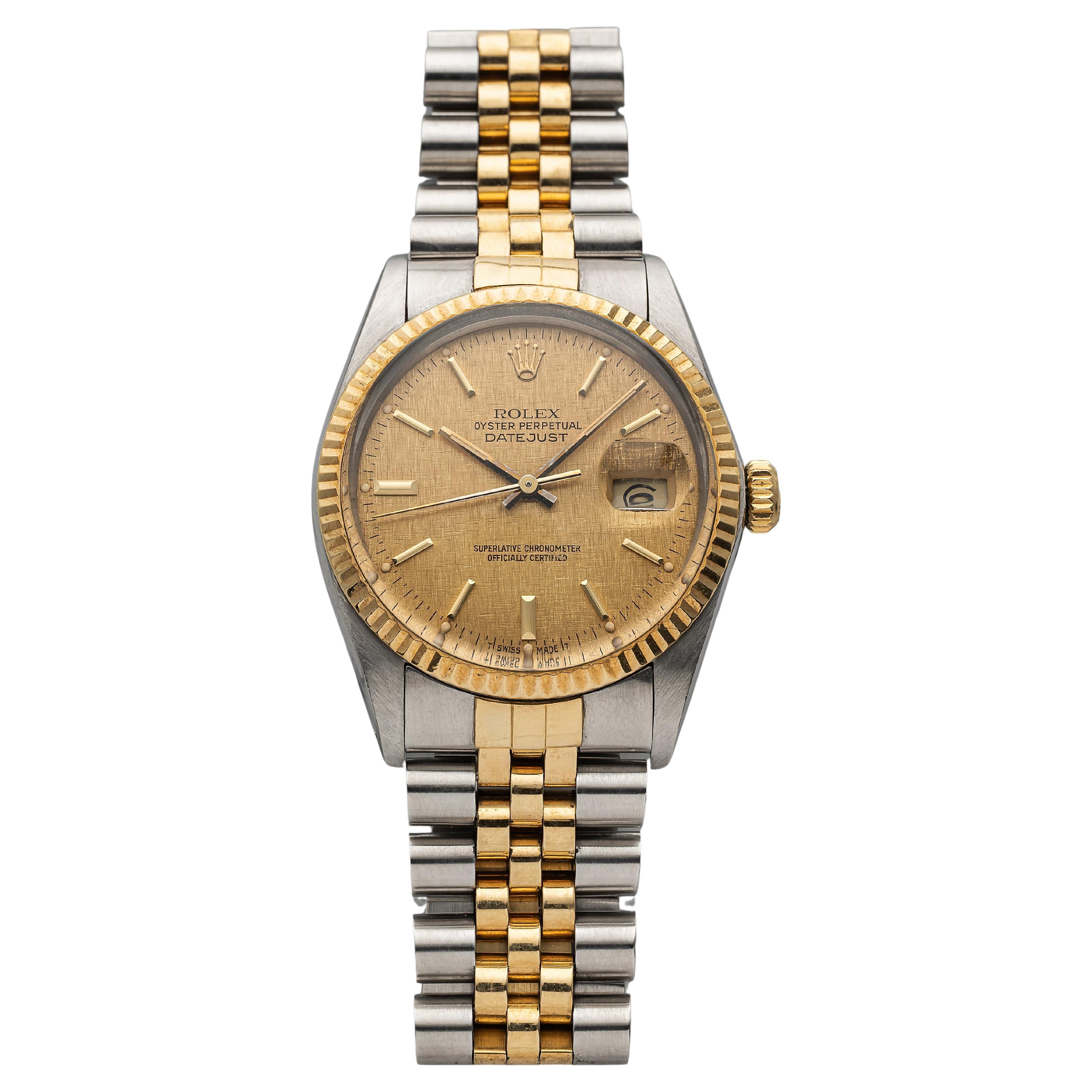 Vintage Rolex Datejust Ref 16013 1980s Champagne Linen Dial 36mm Two Tone Case.