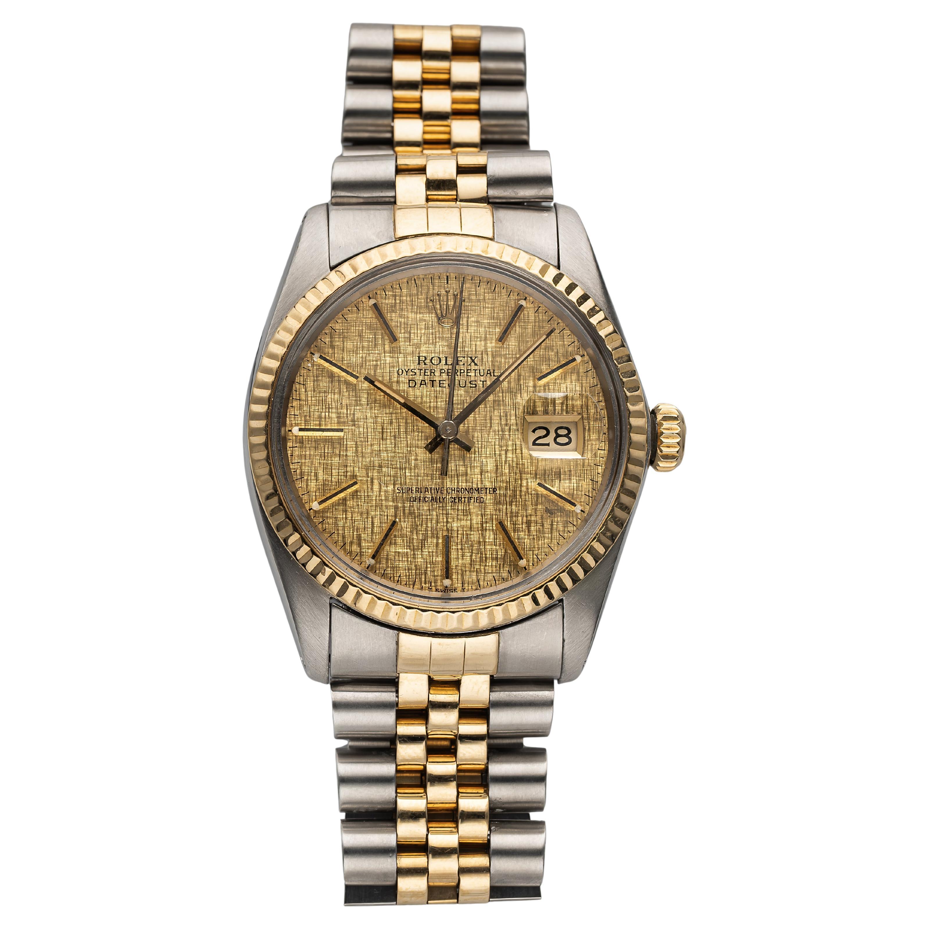 Vintage Rolex Datejust Ref 16013 80s Champagne Linen Dial 36mm Two Tone Case.