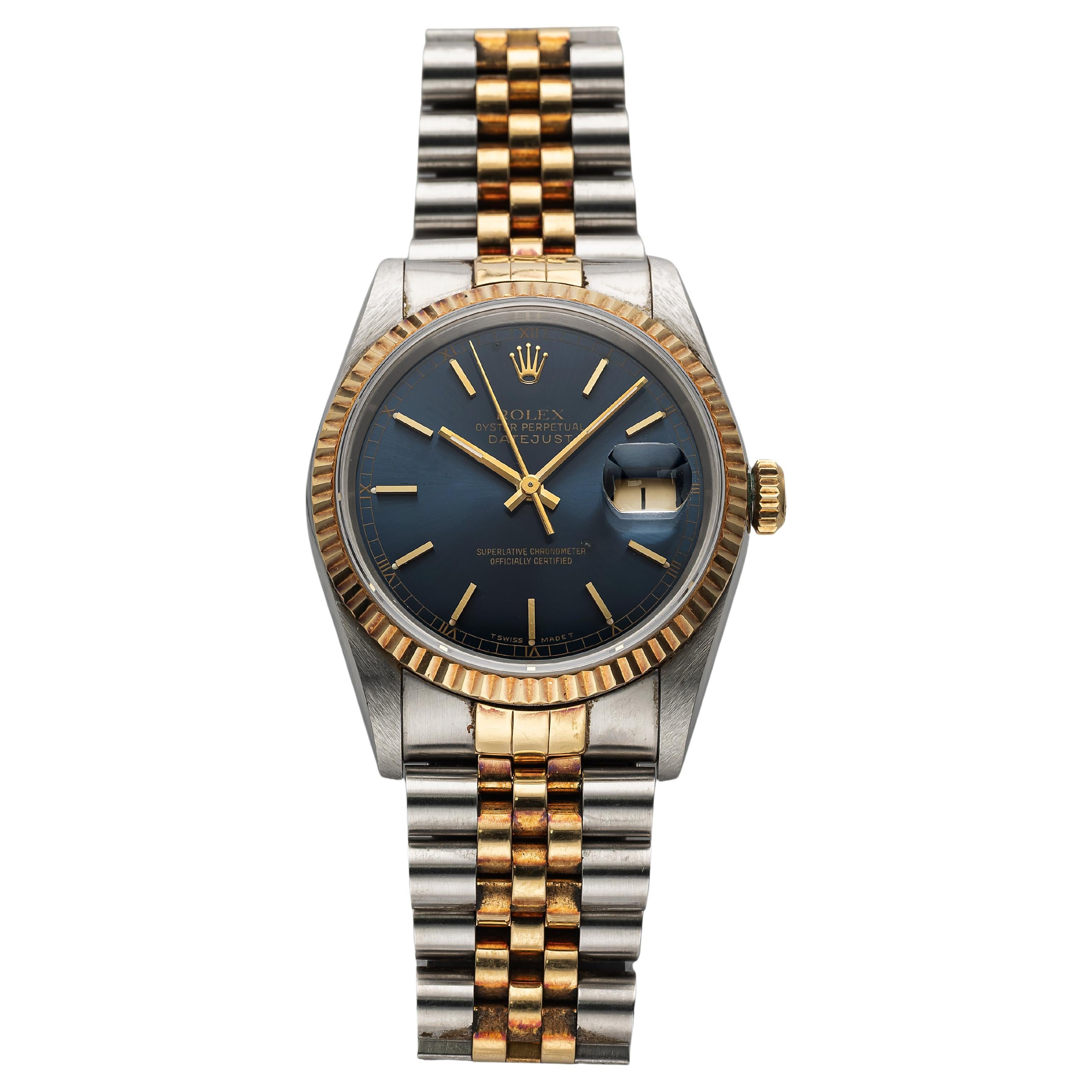 Vintage Rolex Datejust Ref 16233 90s Blue Dial Two Tone 36mm Case Papers.