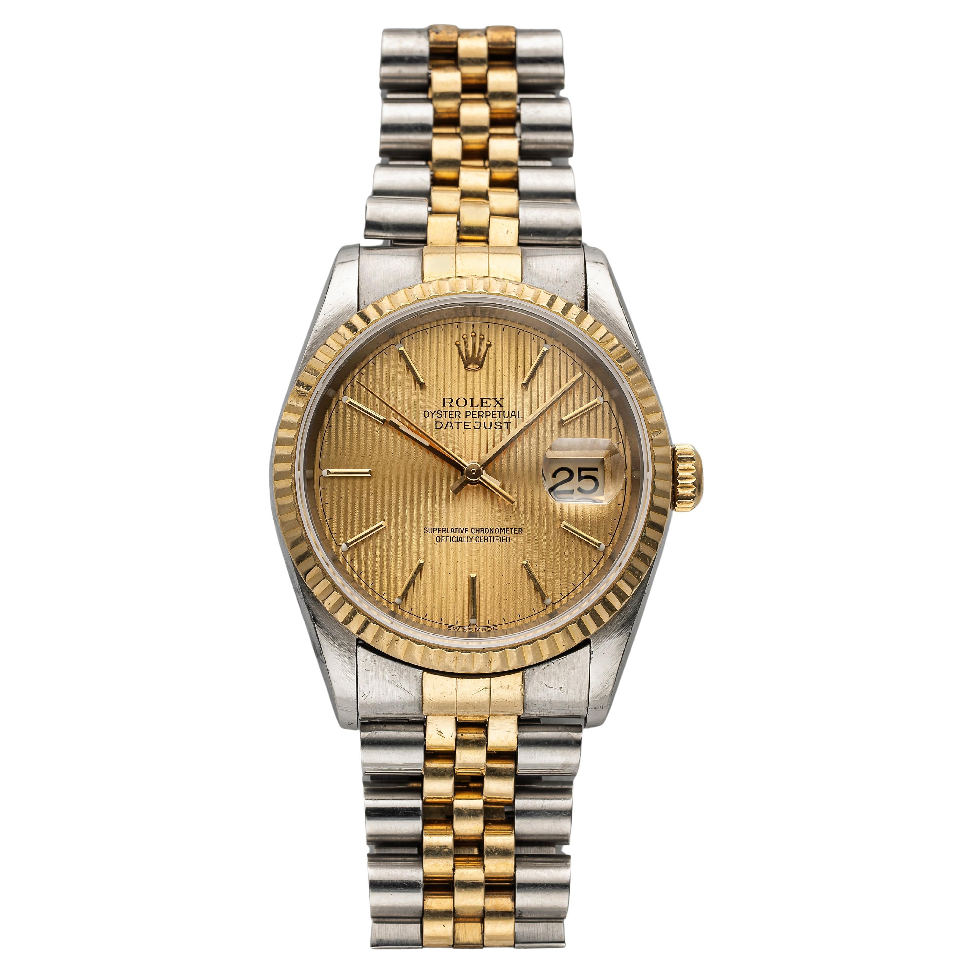 Vintage Rolex Datejust Ref 16233 90s Champagne Tapestry Dial Two Tone 36mm For Sale