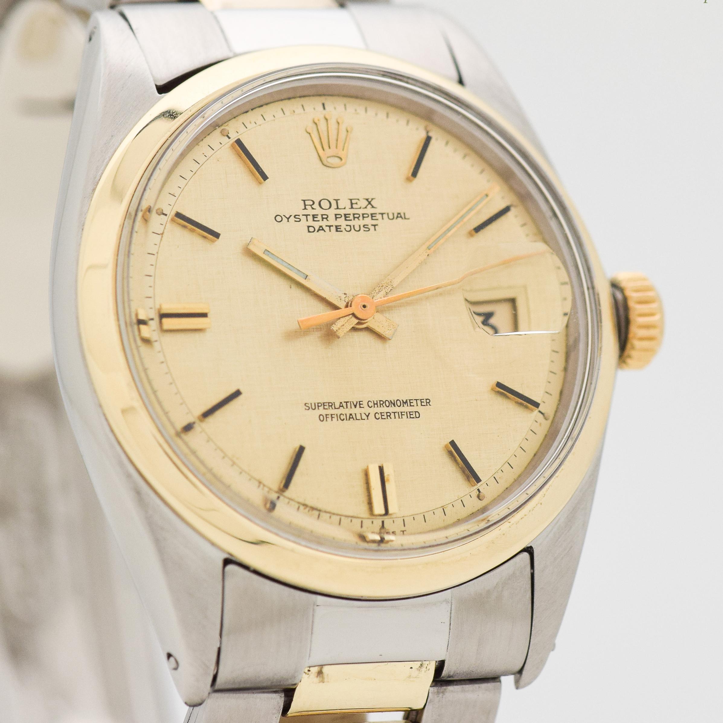 1968 Vintage Rolex Datejust Rare Ref. 1600 Two Tone 14k Yellow Gold and Stainless Steel watch with Original Rare Champagne/Gold Dial with Applied Gold Color Stick/Bar/Baton Markers with Black Inlay with Original Rolex Two Tone 14k Yellow Gold and