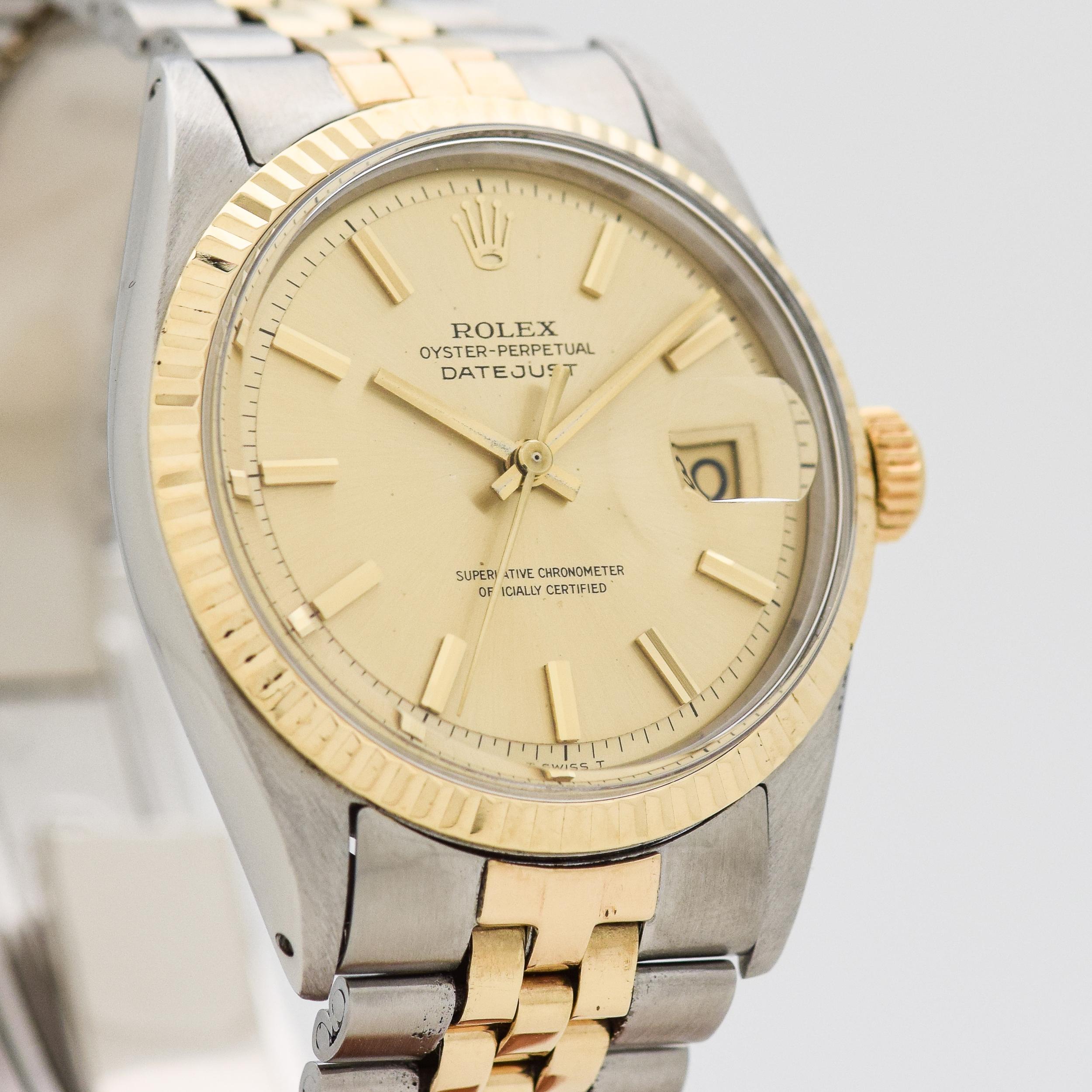 1967 Vintage Rolex Datejust Ref. 1601 Two Tone 14k Yellow Gold and Stainless Steel watch with Original Champagne Dial with Applied Gold Color Beveled Stick/Bar/Baton Markers with Original Rolex Two Tone 14k Yellow Gold and Stainless Steel Jubilee