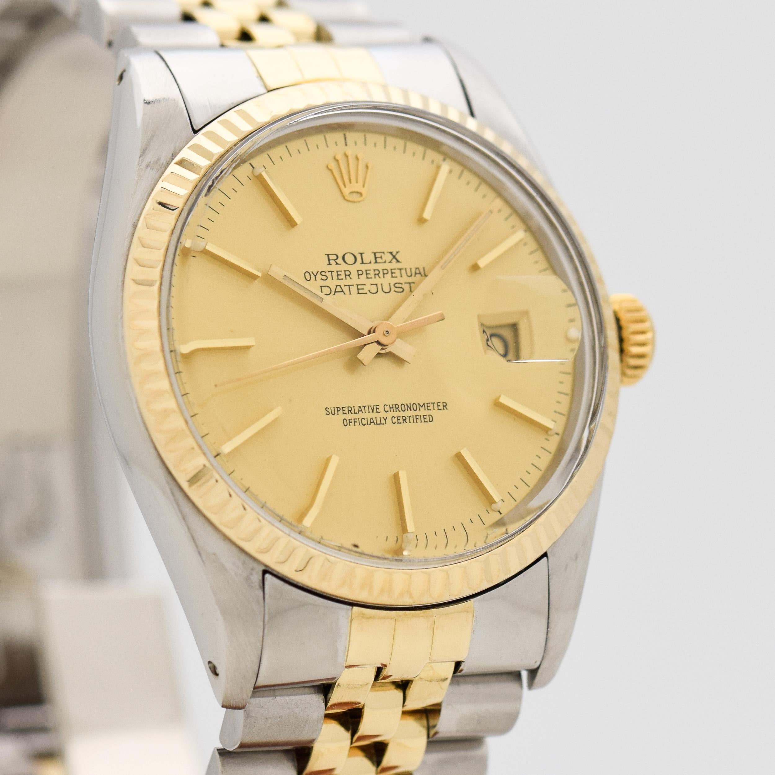 1981 Vintage Rolex Datejust Ref. 16013 Two Tone 18k Yellow Gold Fluted Bezel and Stainless Steel Case watch with Original Champagne Dial with Applied Yellow Gold Stick/Bar/Bar Markers with Original Rolex Two Tone 18k Yellow Gold and Stainless Steel