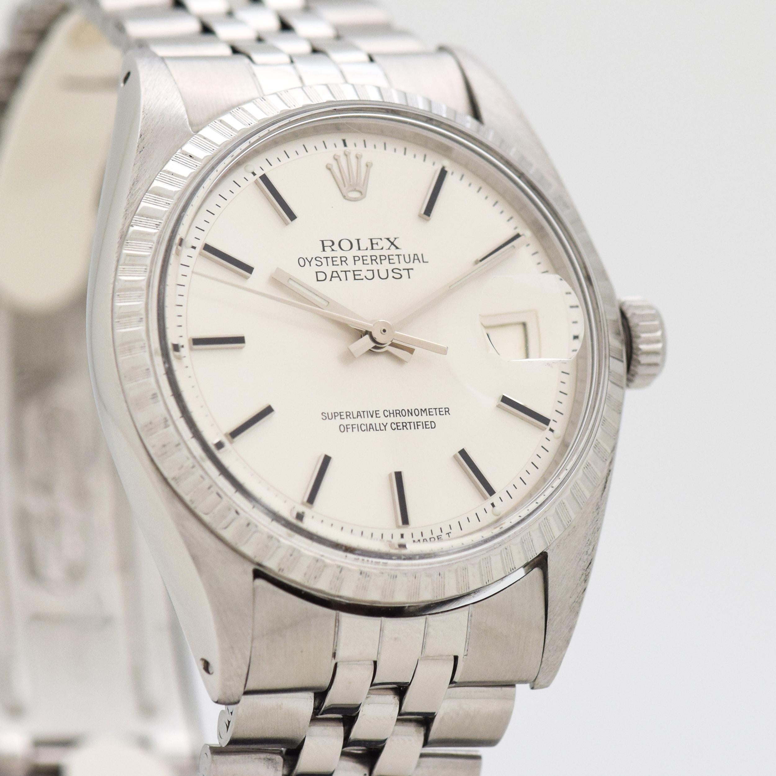 1968 Vintage Rolex Datejust Ref. 1603 Stainless Steel watch with Original Silver Dial with Applied Steel Stick/Bar/Baton Markers with Black Inlay with Original Rolex Stainless Steel Jubilee Bracelet. 36mm x 43mm lug to lug (1.42 in. x 1.69 in.) -