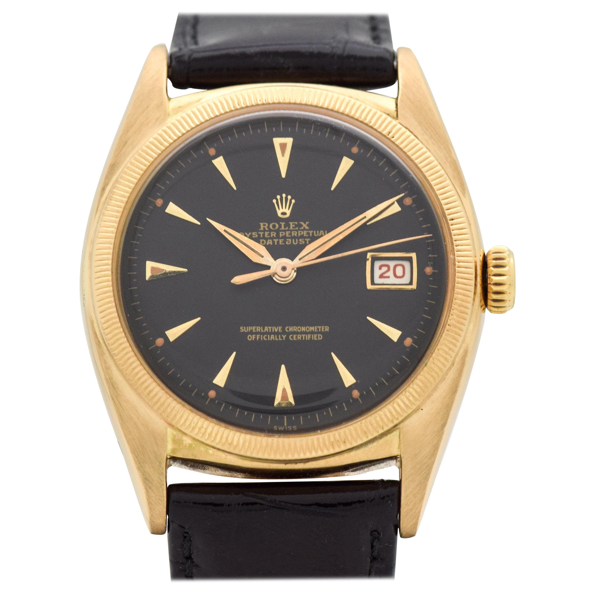 Vintage Rolex Datejust Reference 6105 Ovettone 18 Karat Yellow Gold Watch, 1952 For Sale