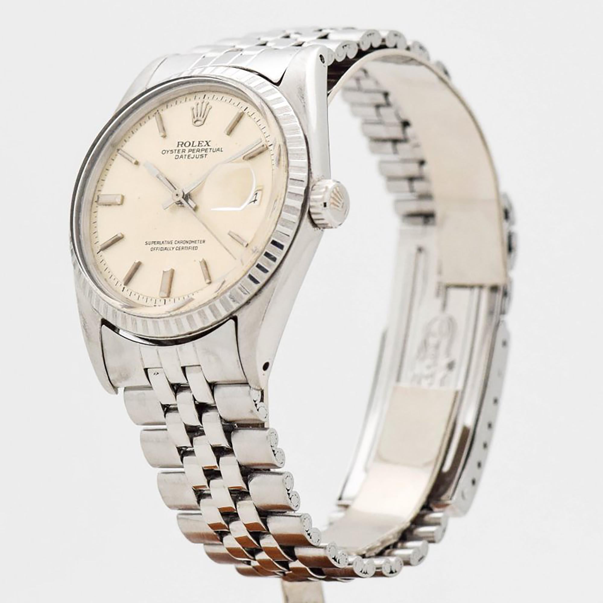 1967 Vintage Rolex Datejust Ref. 1603 Stainless Steel watch with Stainless Steel Fluted Bezel with Original Silver Dial with Applied Steel Bar Markers with Original Rolex Stainless Steel Jubilee Bracelet. Case size, 36mm x 44mm lug to lug (1.42 in.