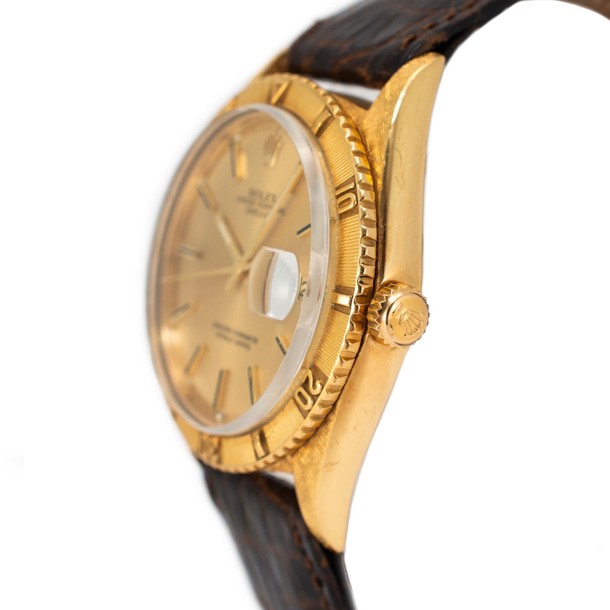 De los hombres Reloj Vintage Rolex Datejust Turn-O-Graph Oyster Thunderbird 36MM 1625 Bark Gold en venta