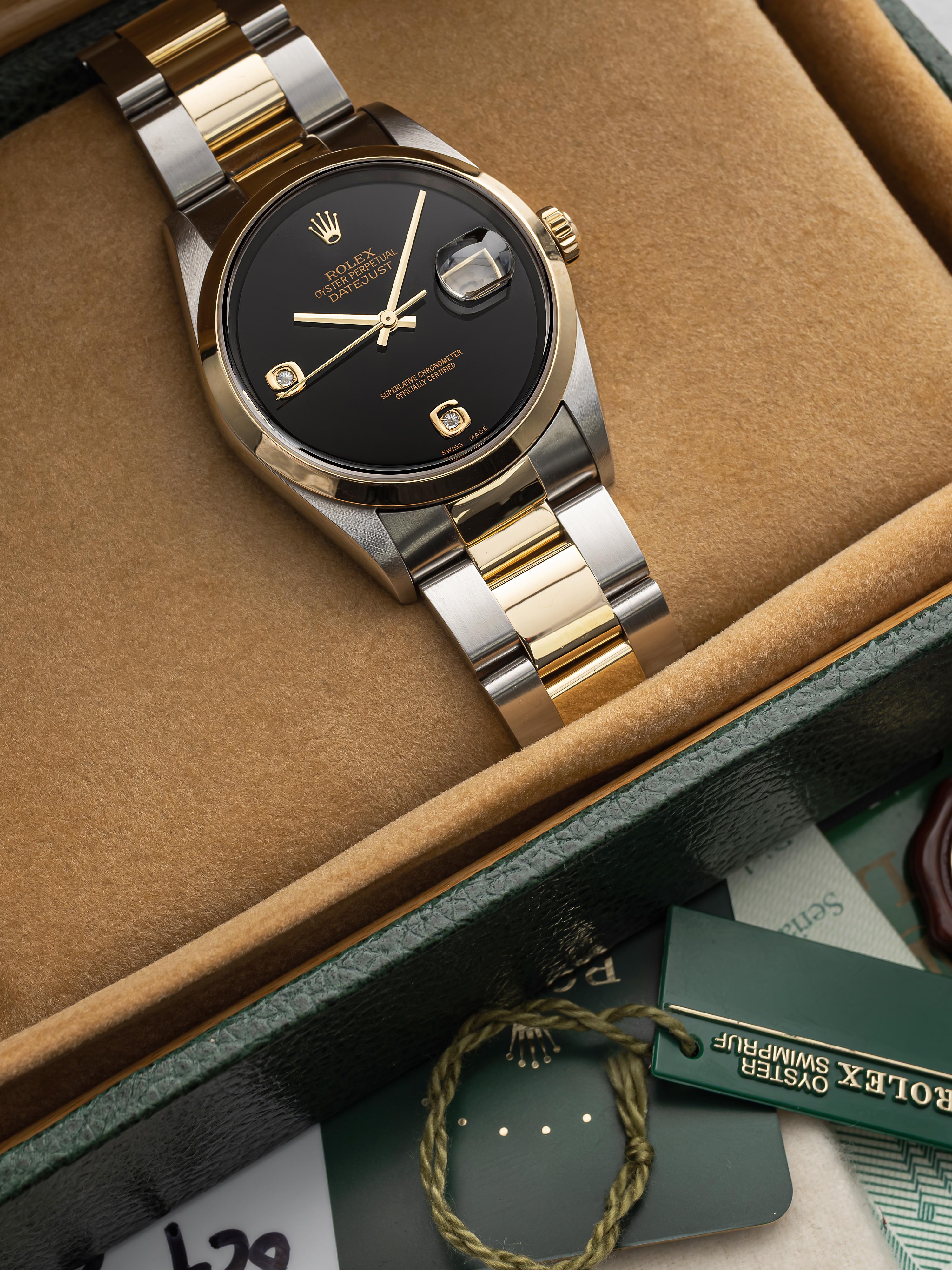 Round Cut Vintage Rolex Datejust Two Tone 2000s Ref 16203 Onyx Diamond Dial 36mm Box & Pap For Sale