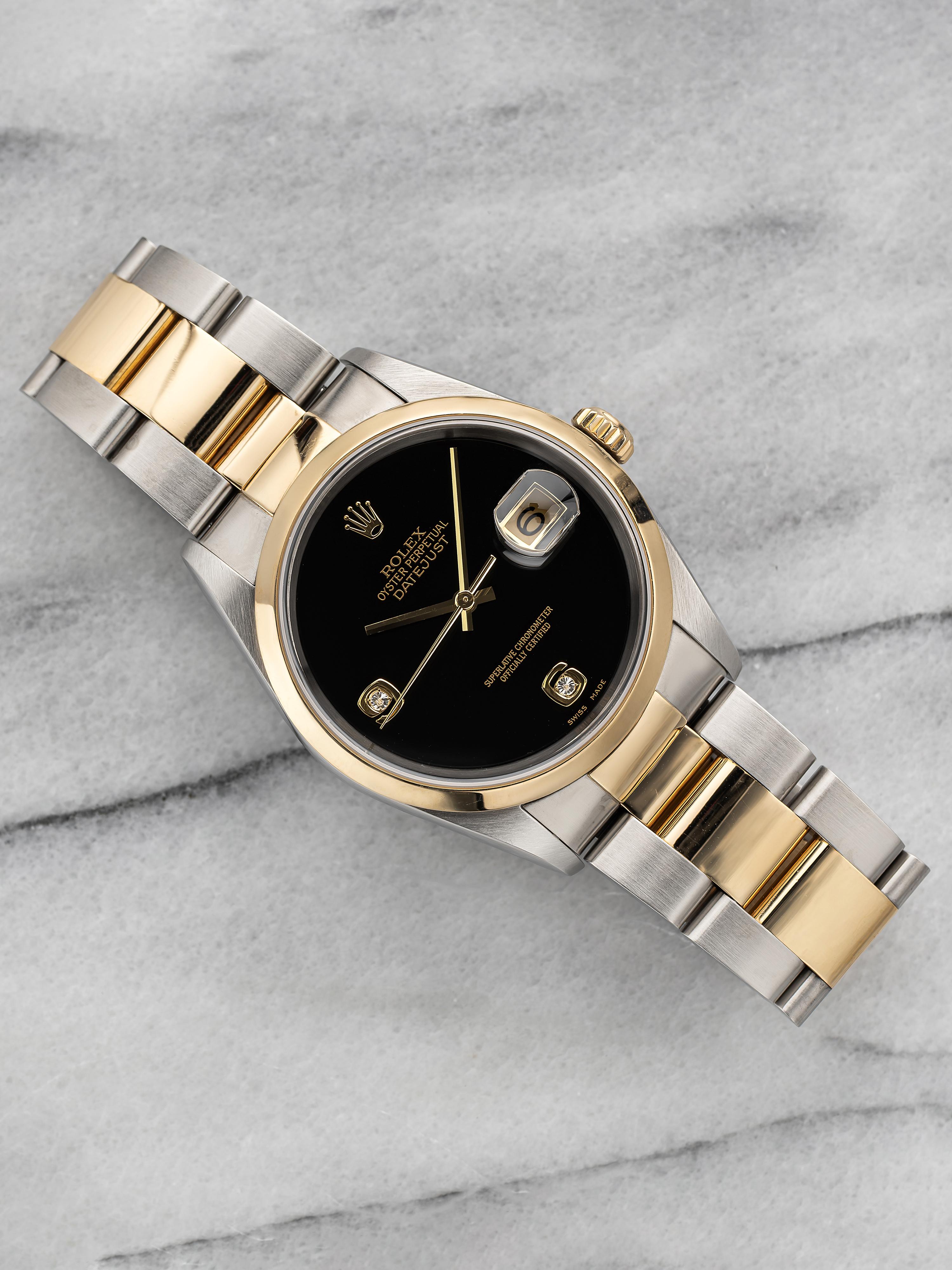 Vintage Rolex Datejust Two Tone 2000s Ref 16203 Onyx Diamond Dial 36mm Box & Pap In Good Condition For Sale In New York, NY