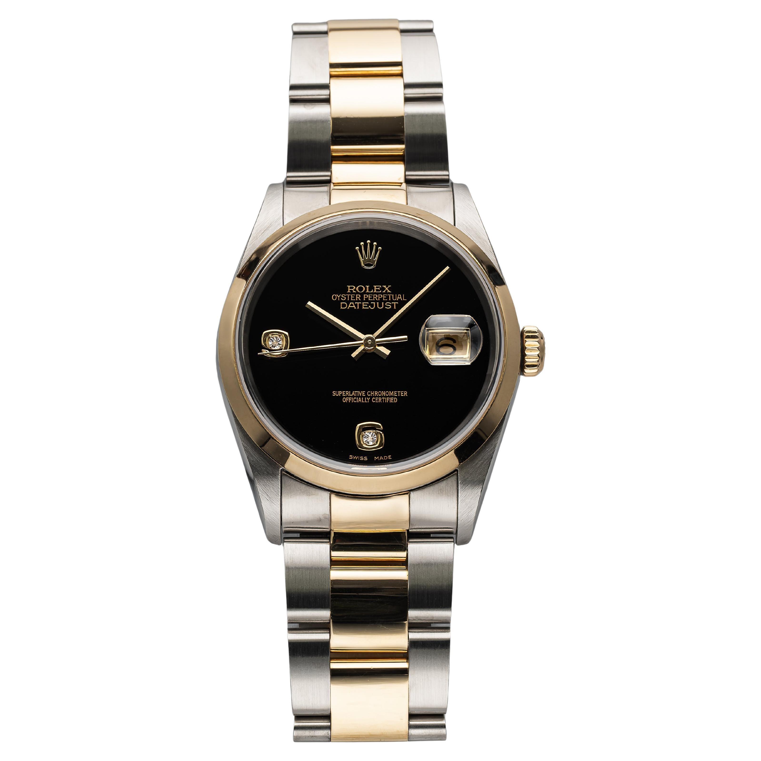 Vintage Rolex Datejust Two Tone 2000s Ref 16203 Onyx Diamond Dial 36mm Box 
Pap For Sale