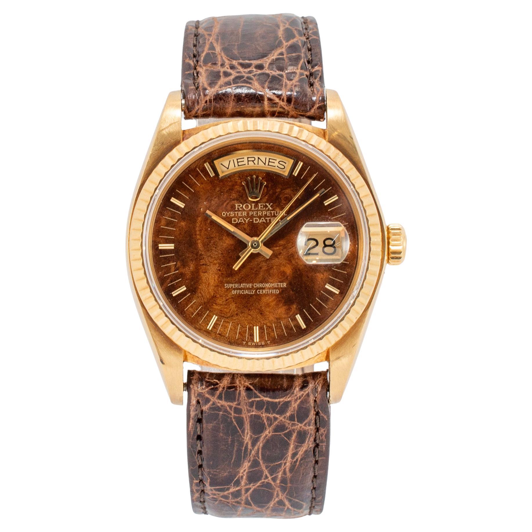 Vintage Rolex Day Date 36MM 18038 Spanish Wood Dial Brown Leather 18K Gold Watch