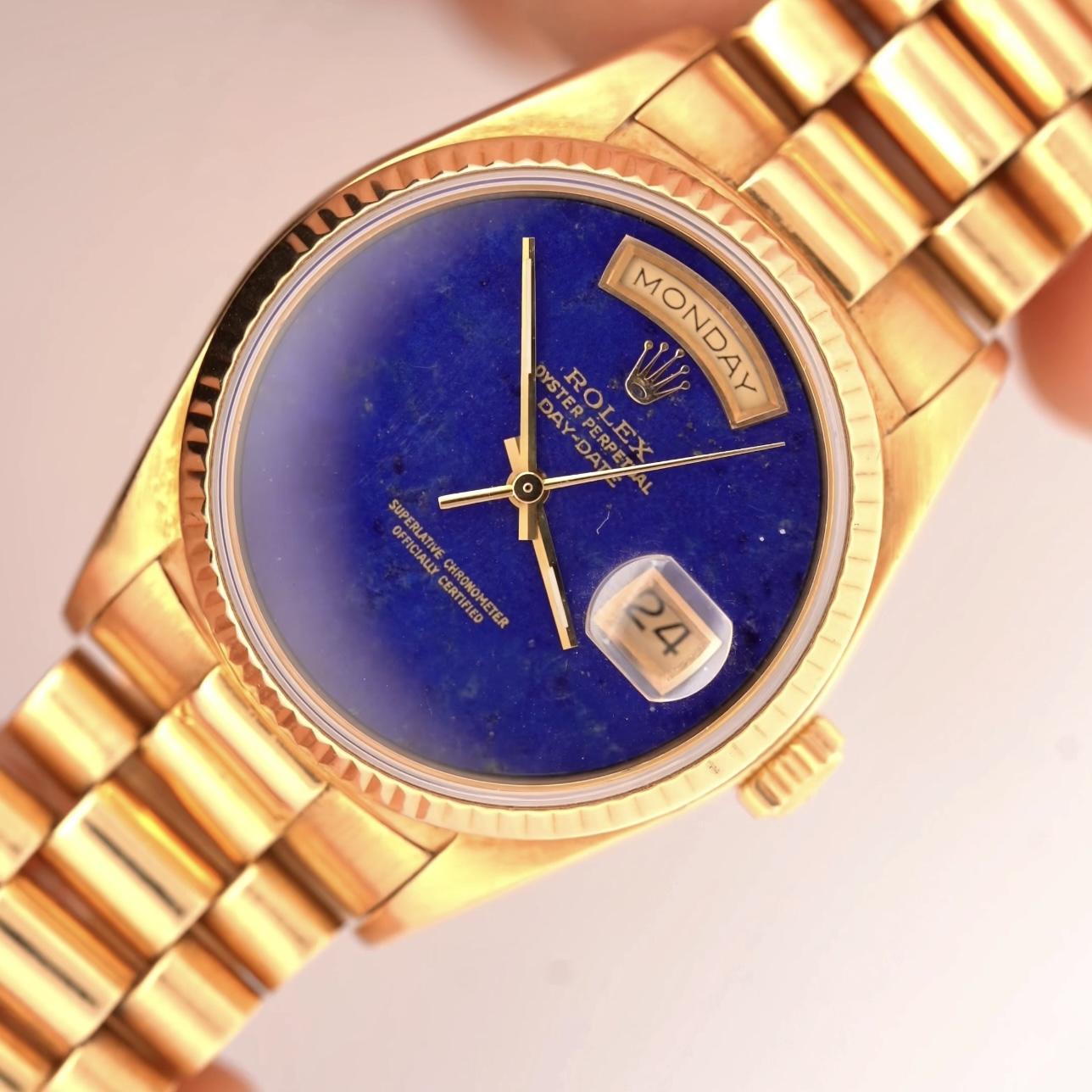 Round Cut Vintage Rolex Day-Date Lapis Lazuli 18K Yellow Gold 36mm Watch