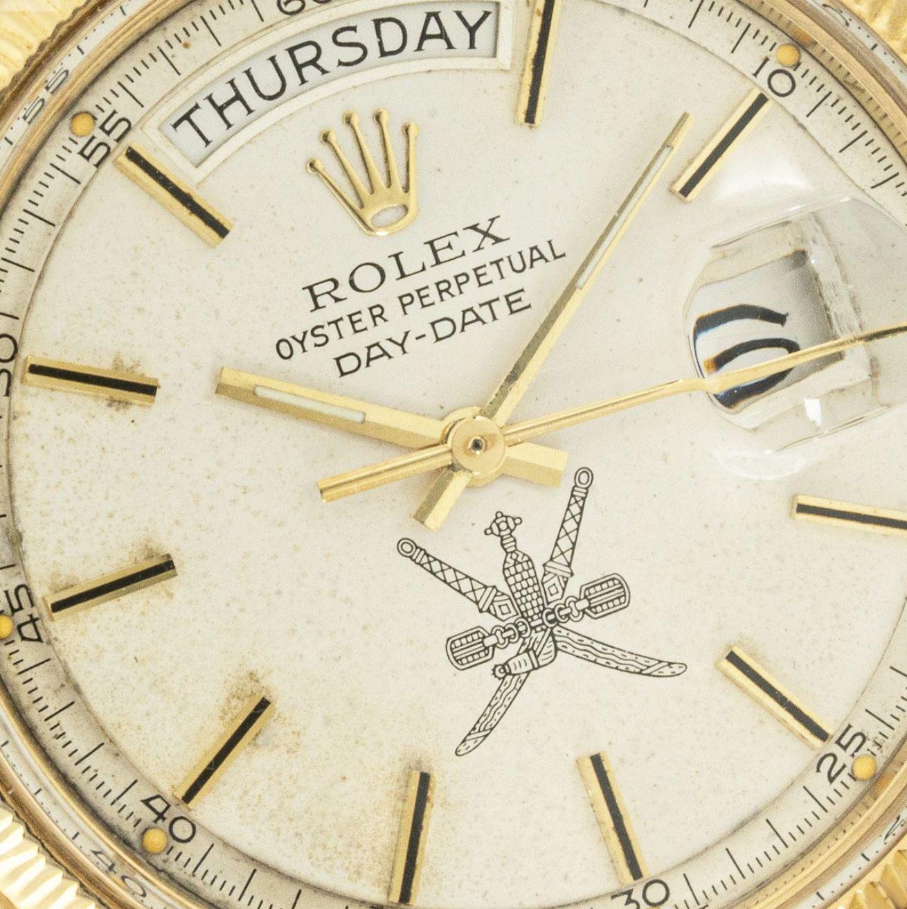 Rolex Montre vintage Day-Date Omani avec cadran et finition en liège, 1807 Excellent état - En vente à London, GB
