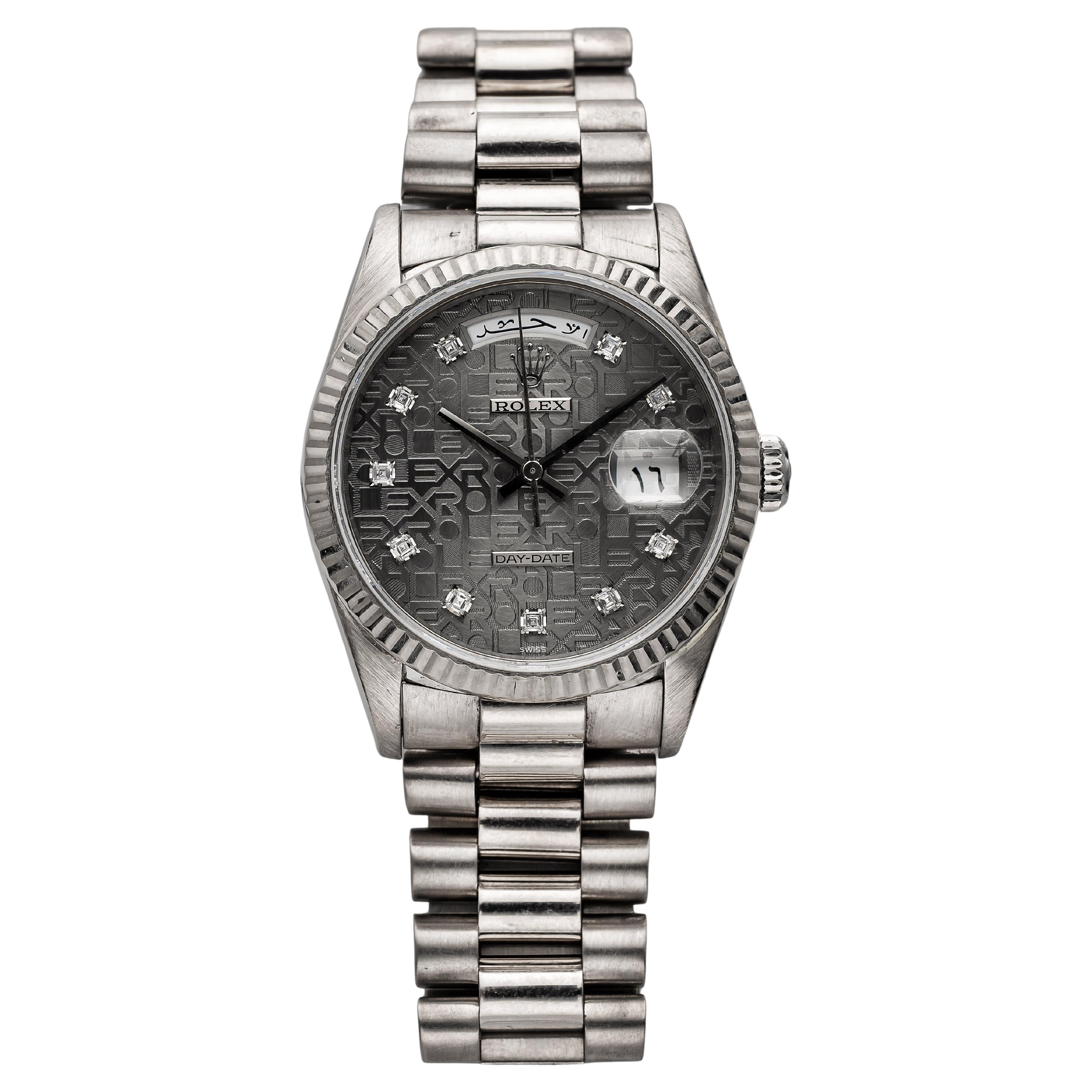 Vintage Rolex Daydate 18K White Gold 80s Ref 18239 Arabic Disk Grey Anniversary