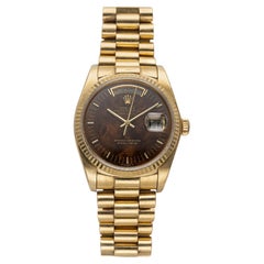 Vintage Rolex Daydate 80s 18K Yellow Gold Ref 18038 Automatic Burl Wood Dial 36m