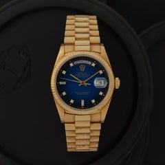 Vintage Rolex DayDate Model 18038 18k Yellow Gold 36mm Blue Vignette Dial B&P