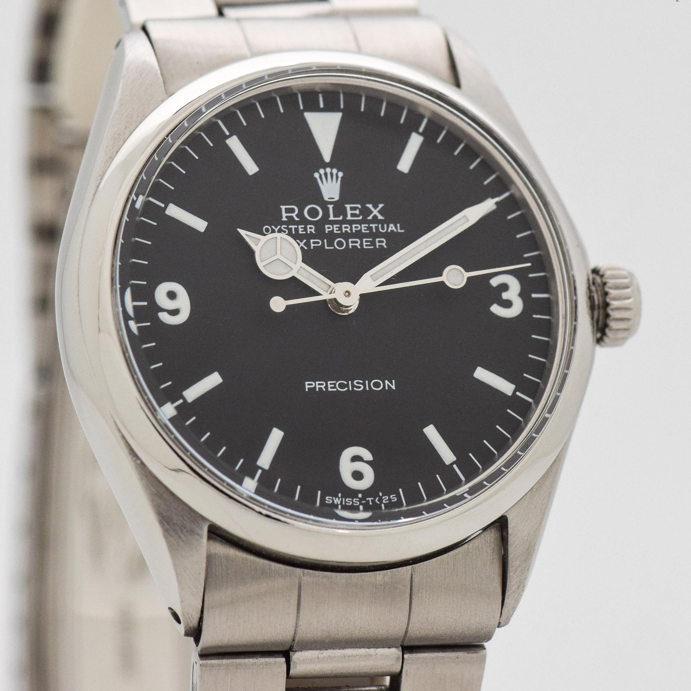 1967 Vintage Rolex Explorer Reference 5500. Original, but restored dial with luminous, markers. Mercedes-Rolex hands. Comes equipped with an original, Rolex Stainless Steel Oyster Bracelet. 34mm x 38mm lug to lug (1.34 in. x 1.5 in.) - Triple Signed.