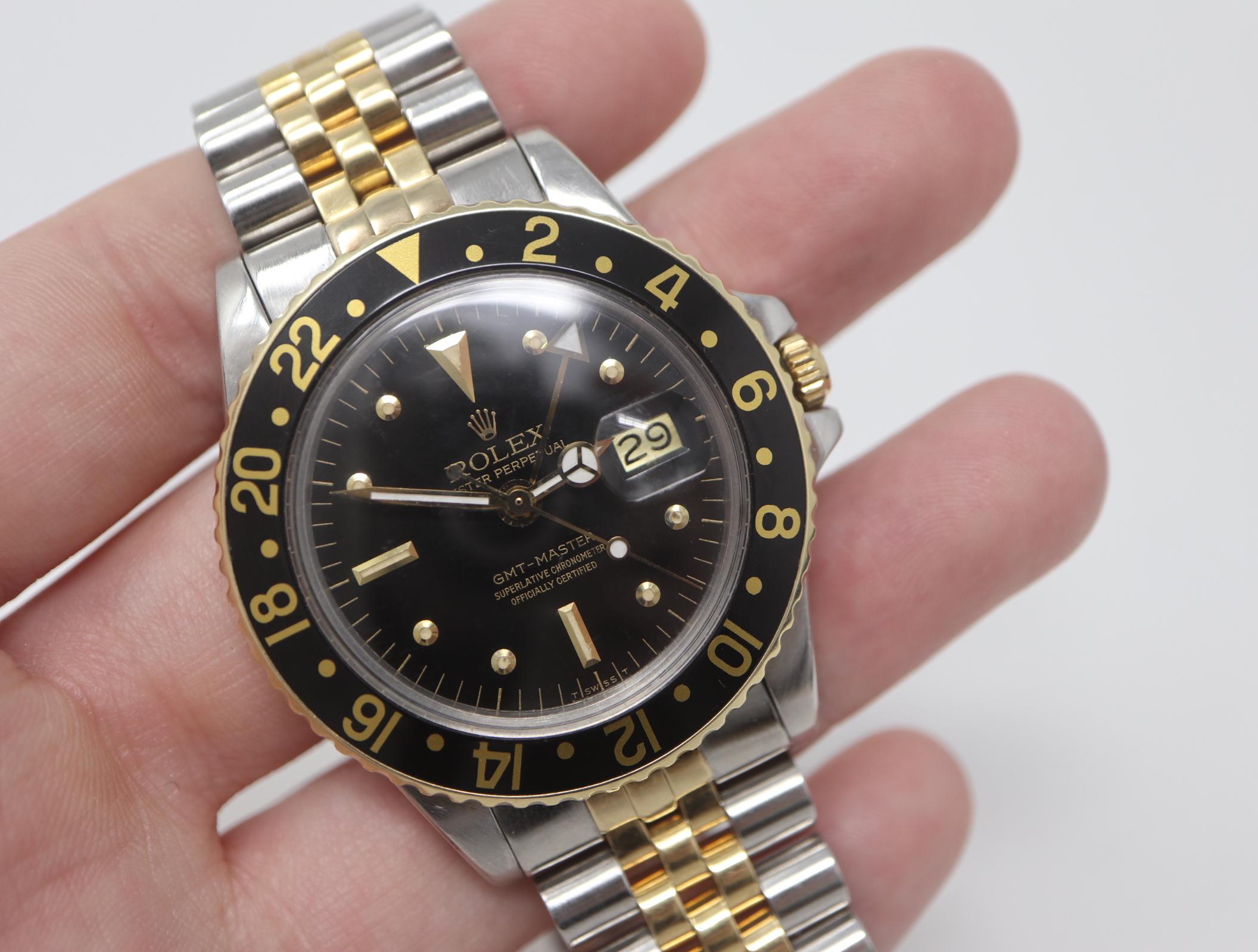 Vintage Rolex GMT-Master 1675 Black Dial Jubilee Bracelet 40mm 1975/1979 In Good Condition In Carmel-by-the-Sea, CA