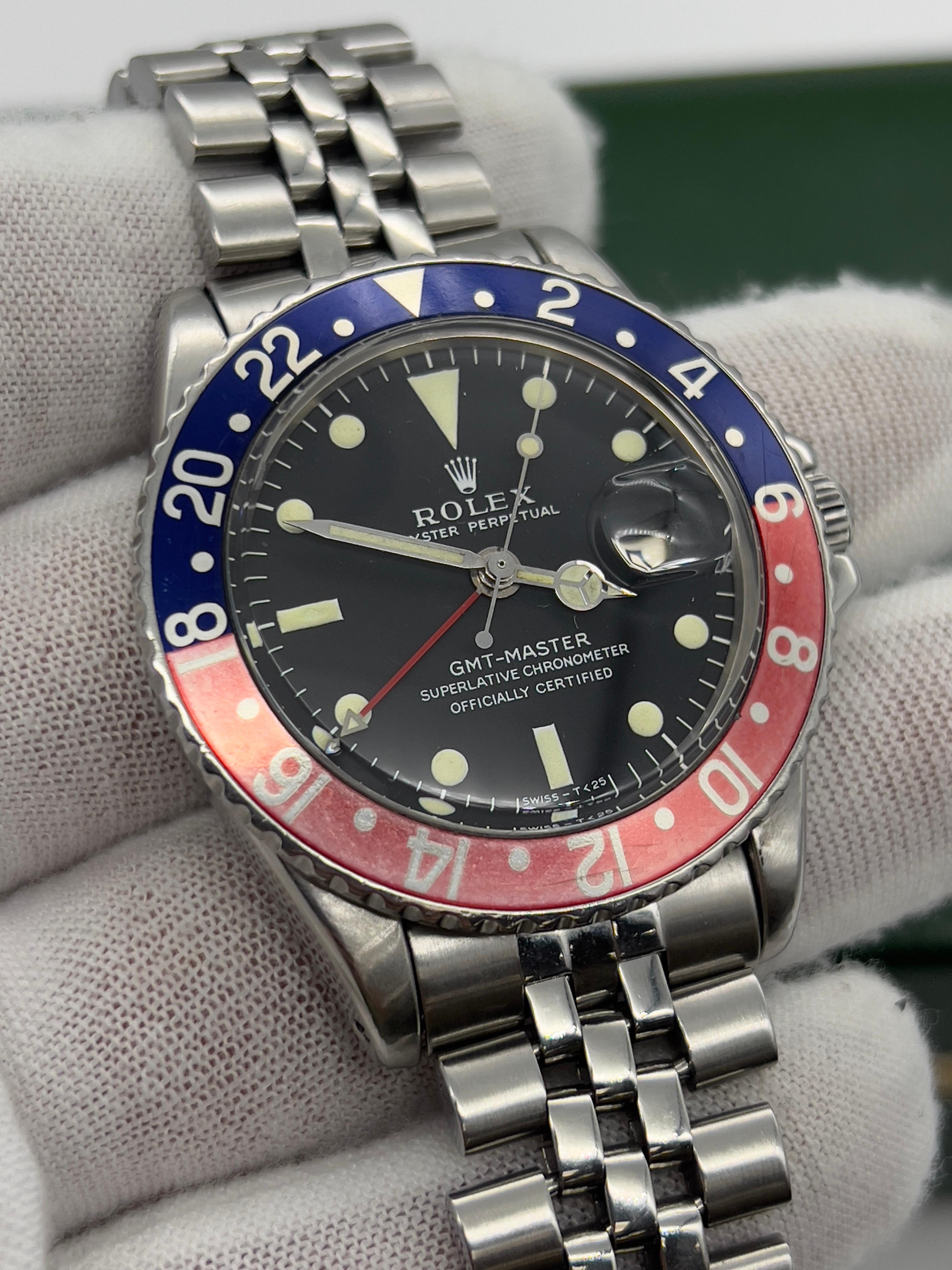 VINTAGE Rolex GMT Master 1675 Pepsi Red Blue Steel Jubilee Box Service Paper For Sale 9