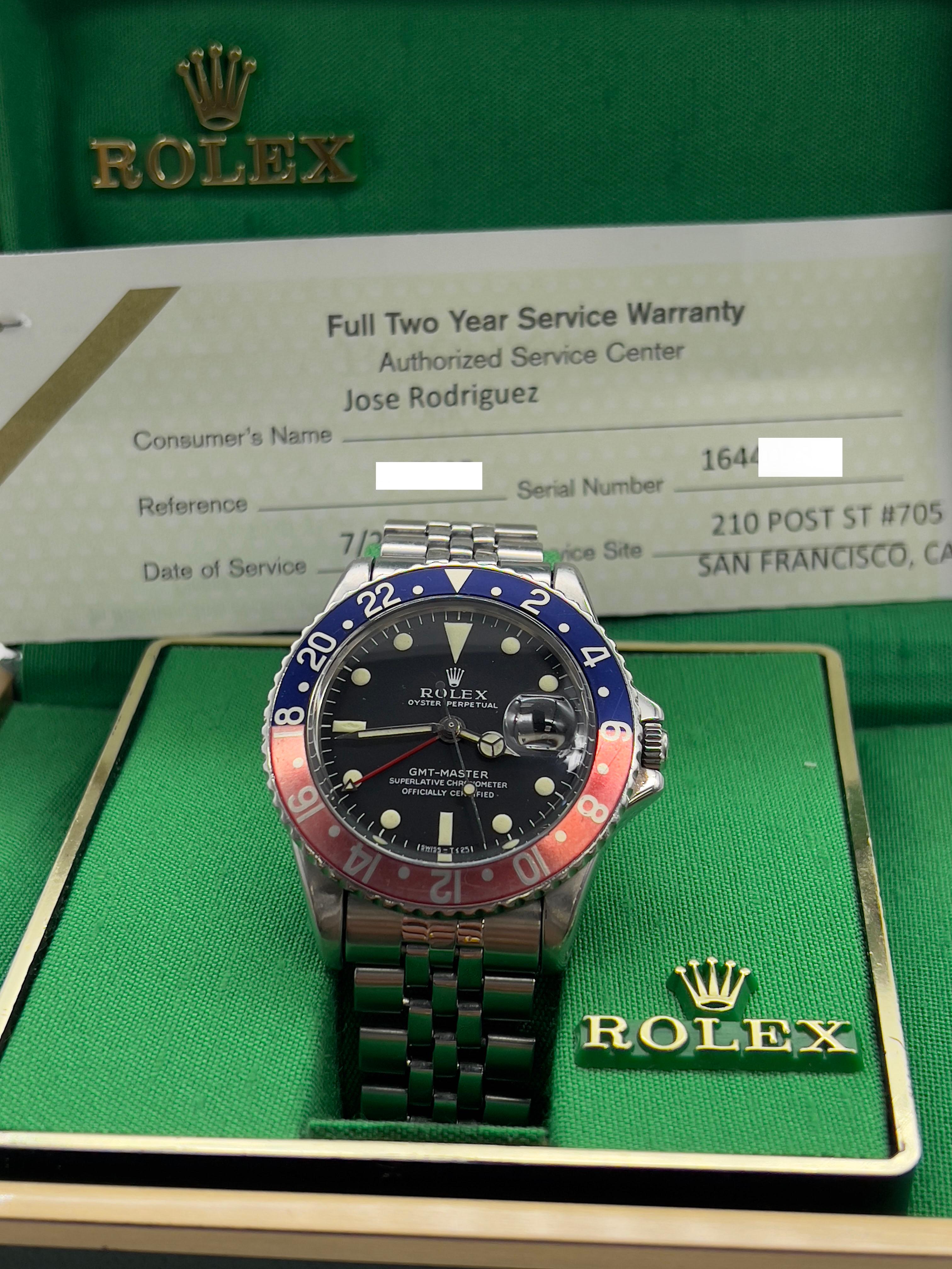 VINTAGE Rolex GMT Master 1675 Pepsi Red Blue Steel Jubilee Box Service Paper For Sale 4