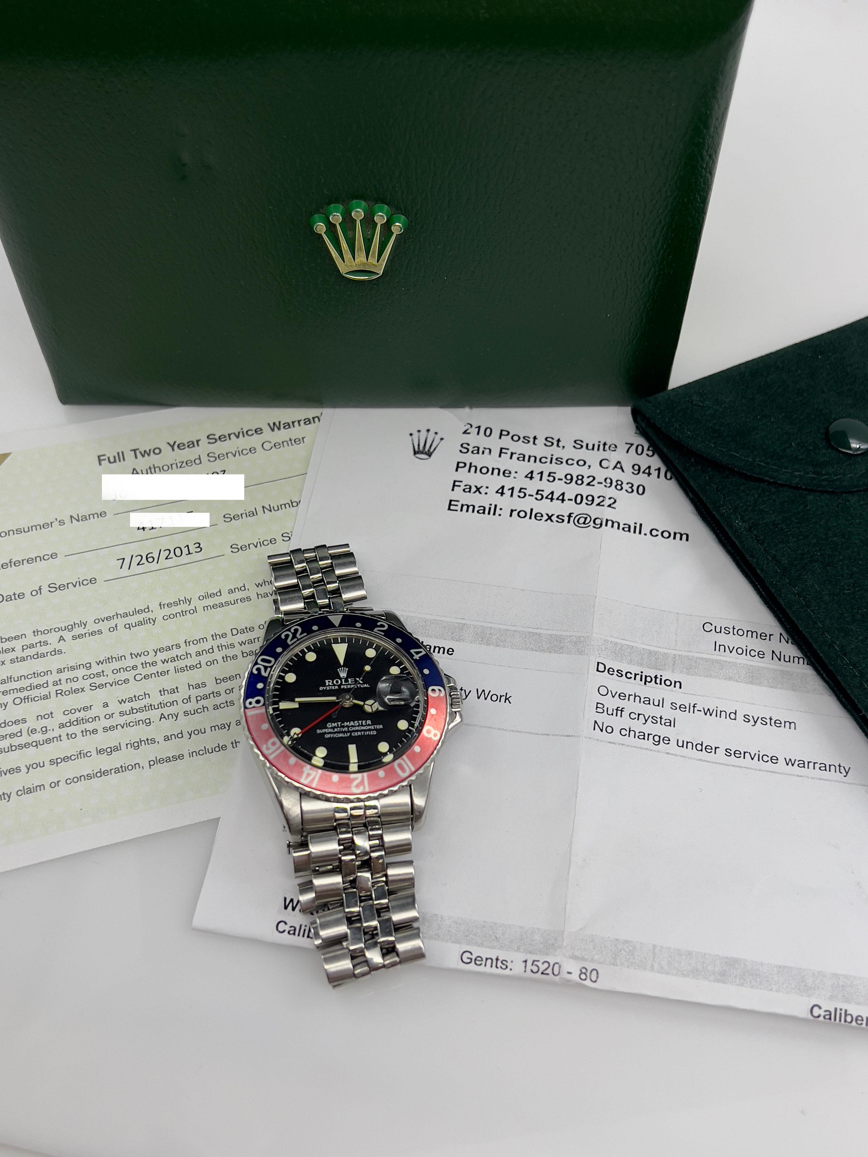 VINTAGE Rolex GMT Master 1675 Pepsi Red Blue Steel Jubilee Box Service Paper For Sale 5