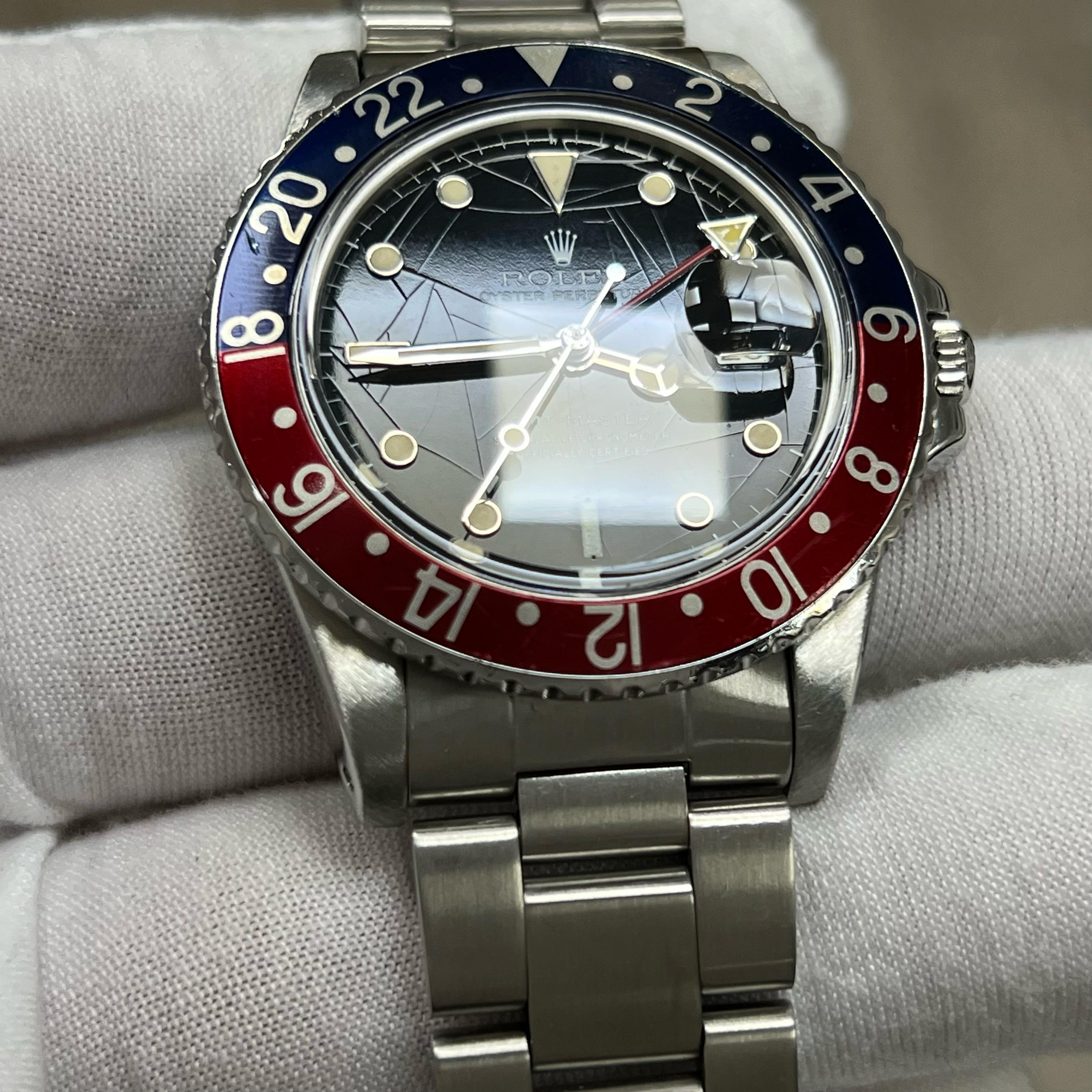 VINTAGE Rolex GMT Master 16750 Pepsi Rot Blau SPIDER DIAL Stahl Box Papier 1984 im Angebot 9
