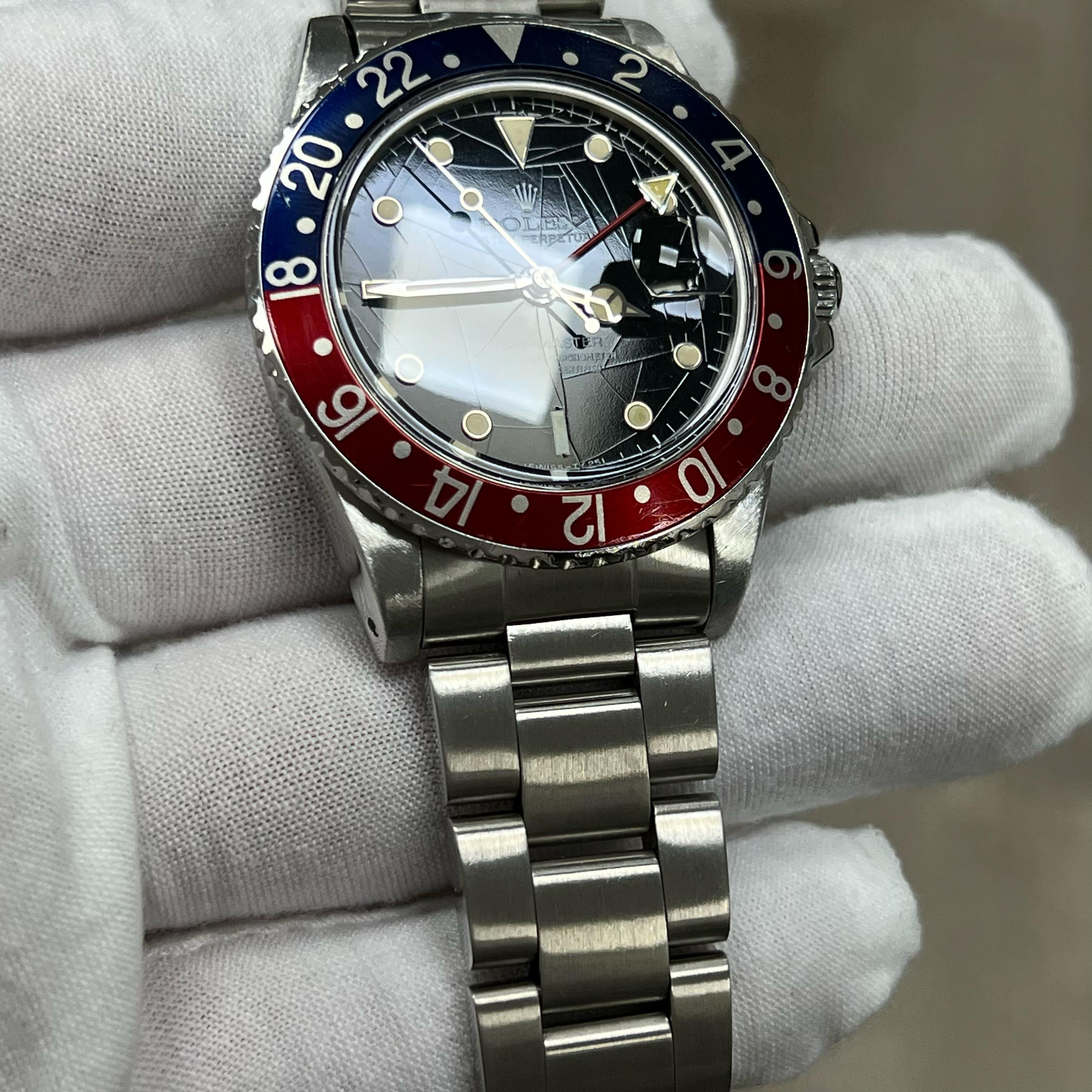 VINTAGE Rolex GMT Master 16750 Pepsi Rot Blau SPIDER DIAL Stahl Box Papier 1984 im Angebot 10