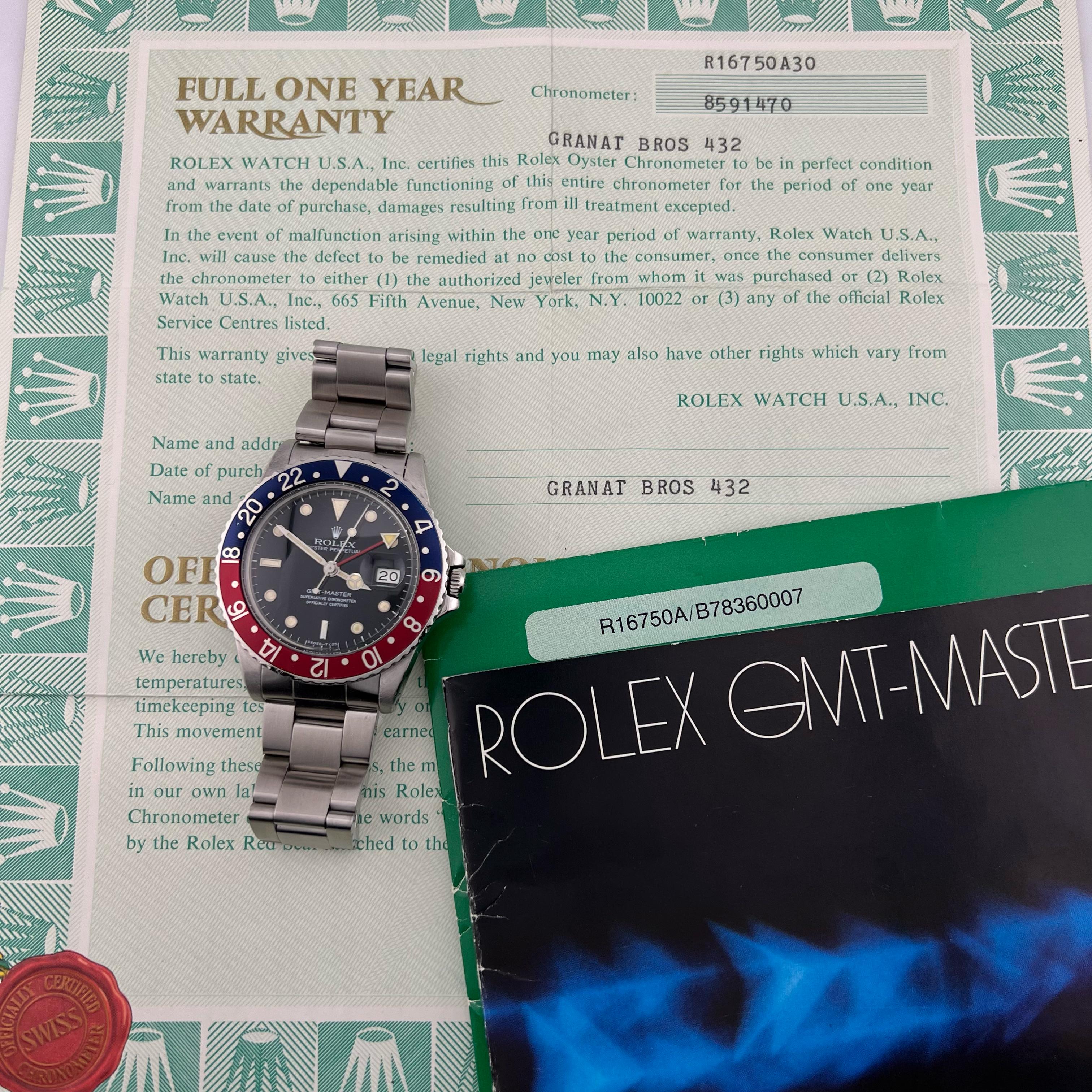 VINTAGE Rolex GMT Master 16750 Pepsi Rot Blau SPIDER DIAL Stahl Box Papier 1984 im Zustand „Hervorragend“ im Angebot in San Diego, CA