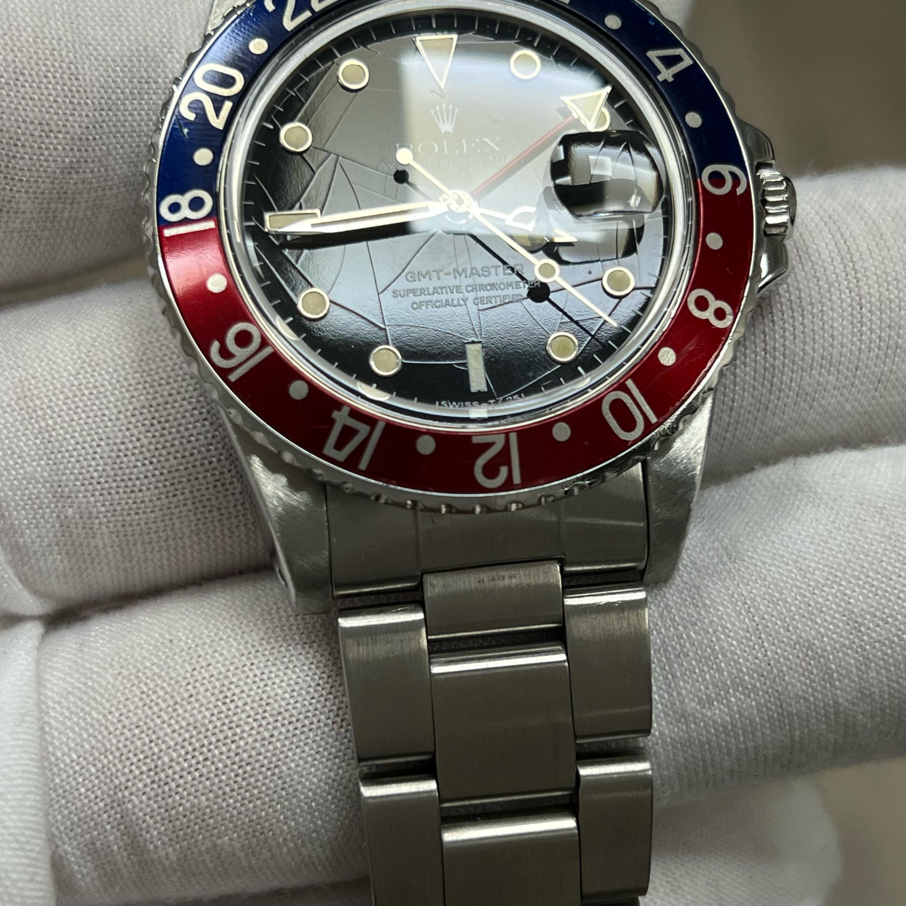 VINTAGE Rolex GMT Master 16750 Pepsi Rot Blau SPIDER DIAL Stahl Box Papier 1984 im Angebot 1