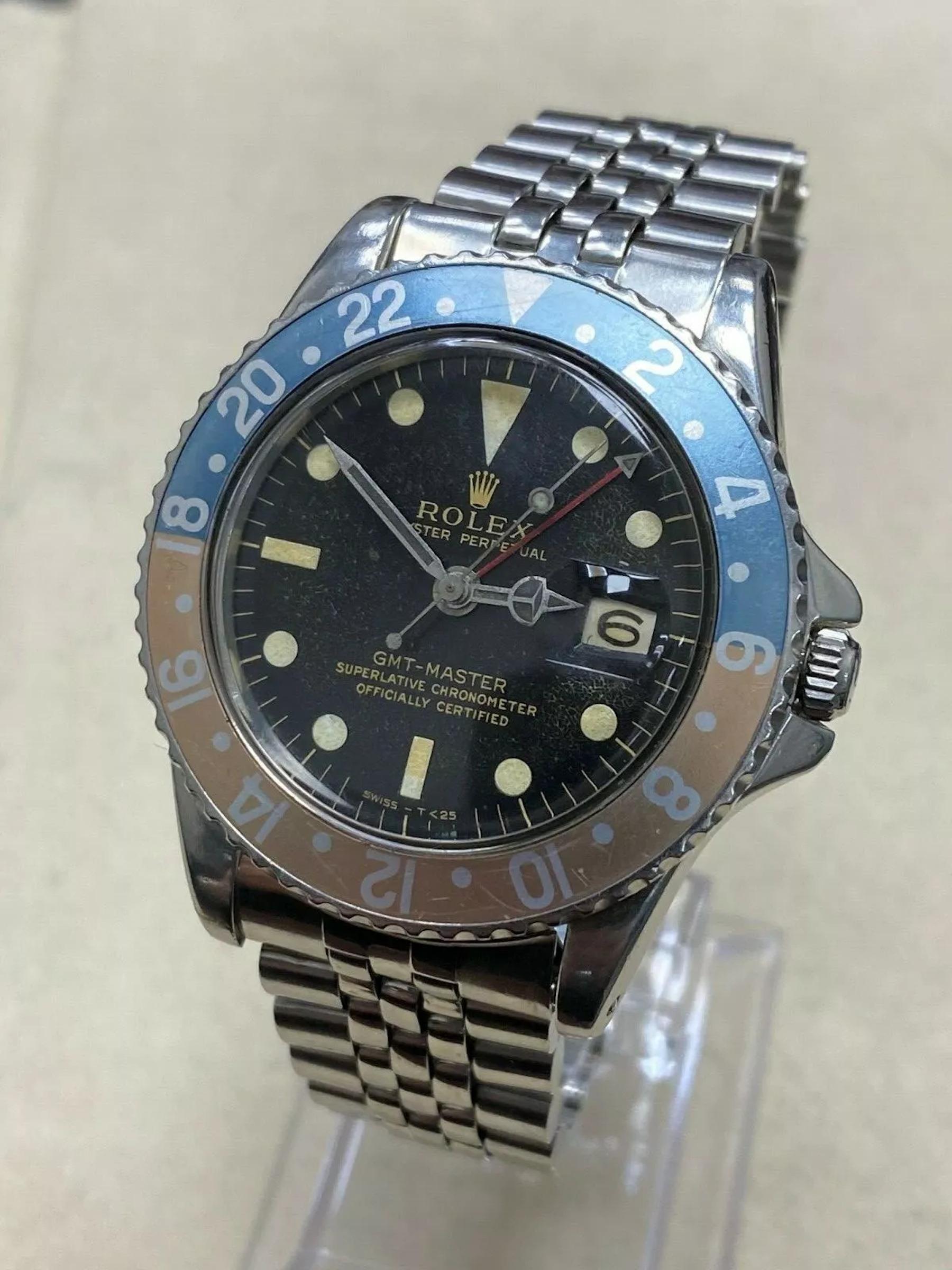 VINTAGE Rolex GMT Master Ghost Pepsi 1675 Quadrante dorato lucido Guardie corona a punta 9