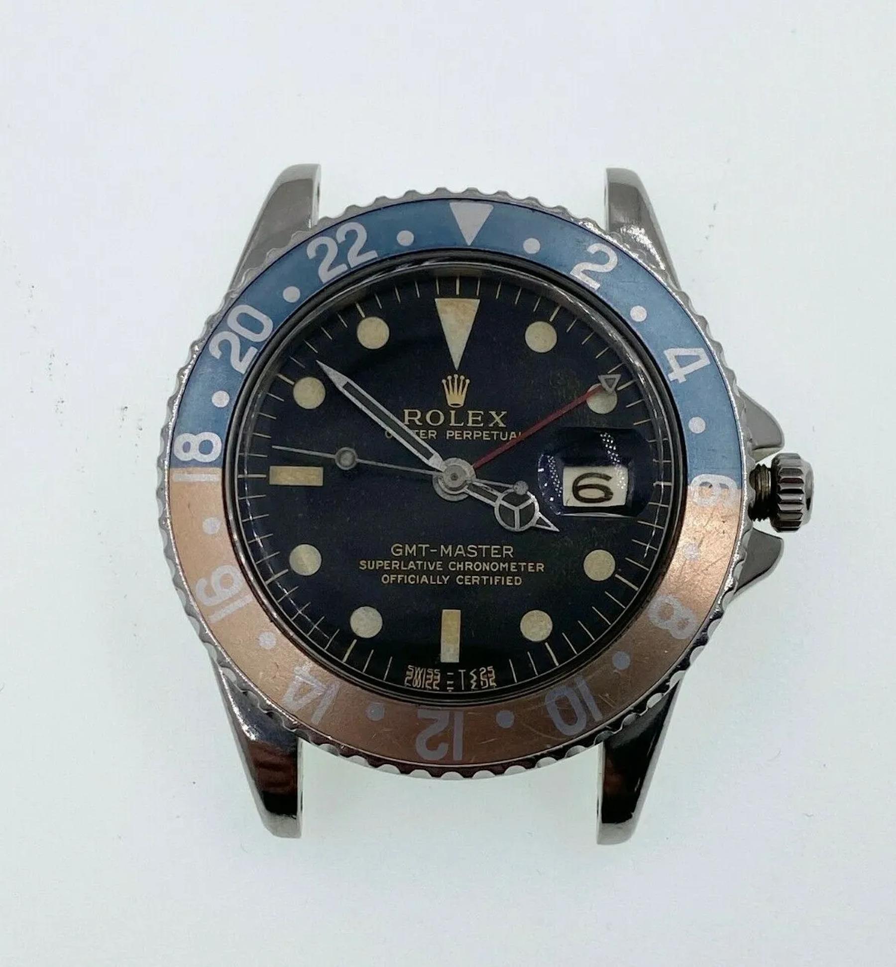 VINTAGE Rolex GMT Master Ghost Pepsi 1675 Quadrante dorato lucido Guardie corona a punta In condizioni buone a San Diego, CA