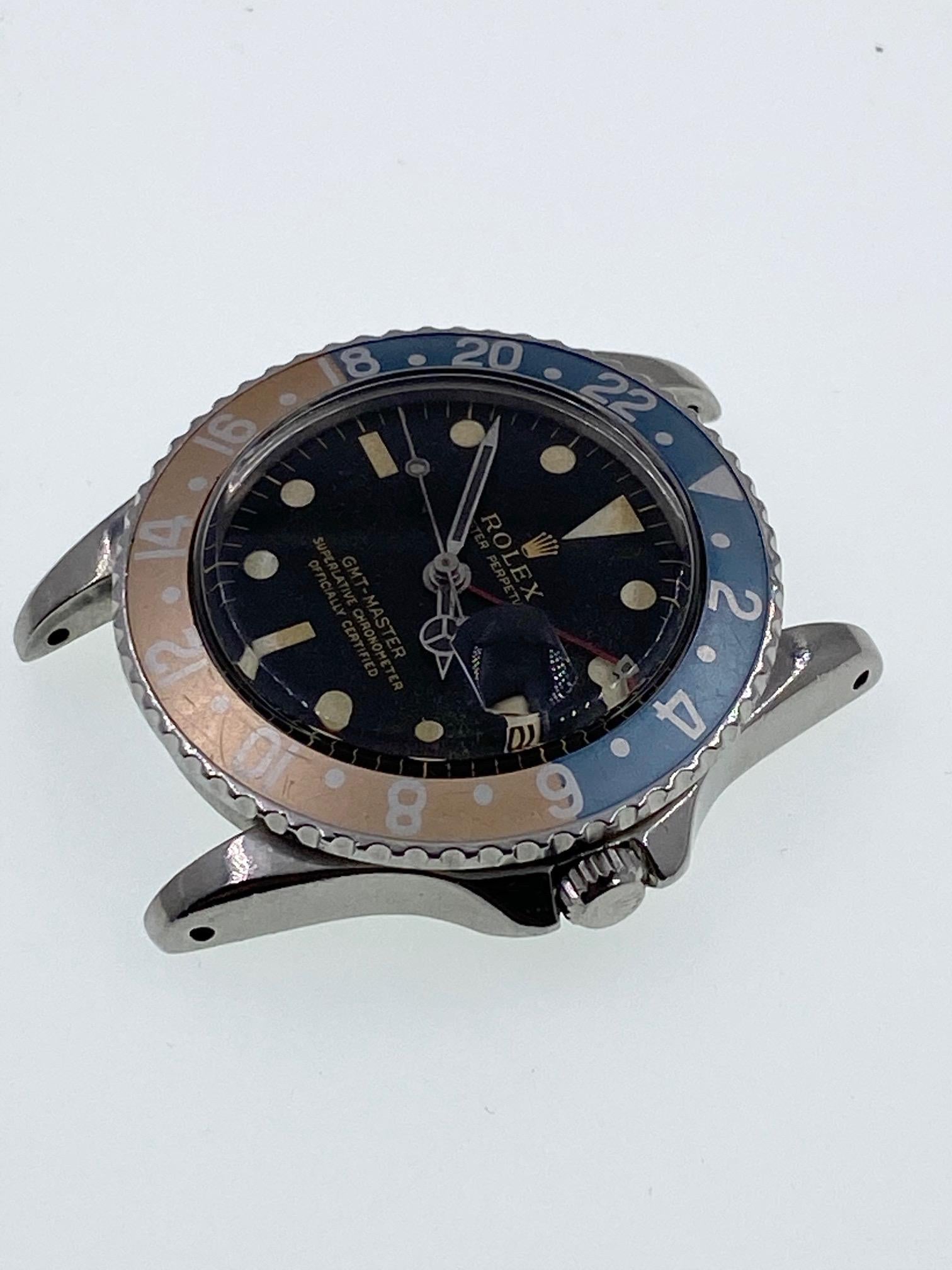 Men's Vintage Rolex GMT Master Ghost Pepsi 1675 Gilt Gloss Dial Pointed Crown Guards For Sale