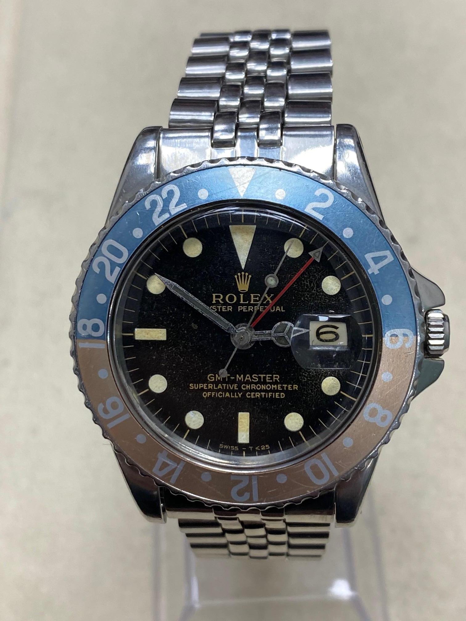 Vintage Rolex GMT Master Ghost Pepsi 1675 Gilt Gloss Zifferblatt spitze Kronenschützen im Angebot 5