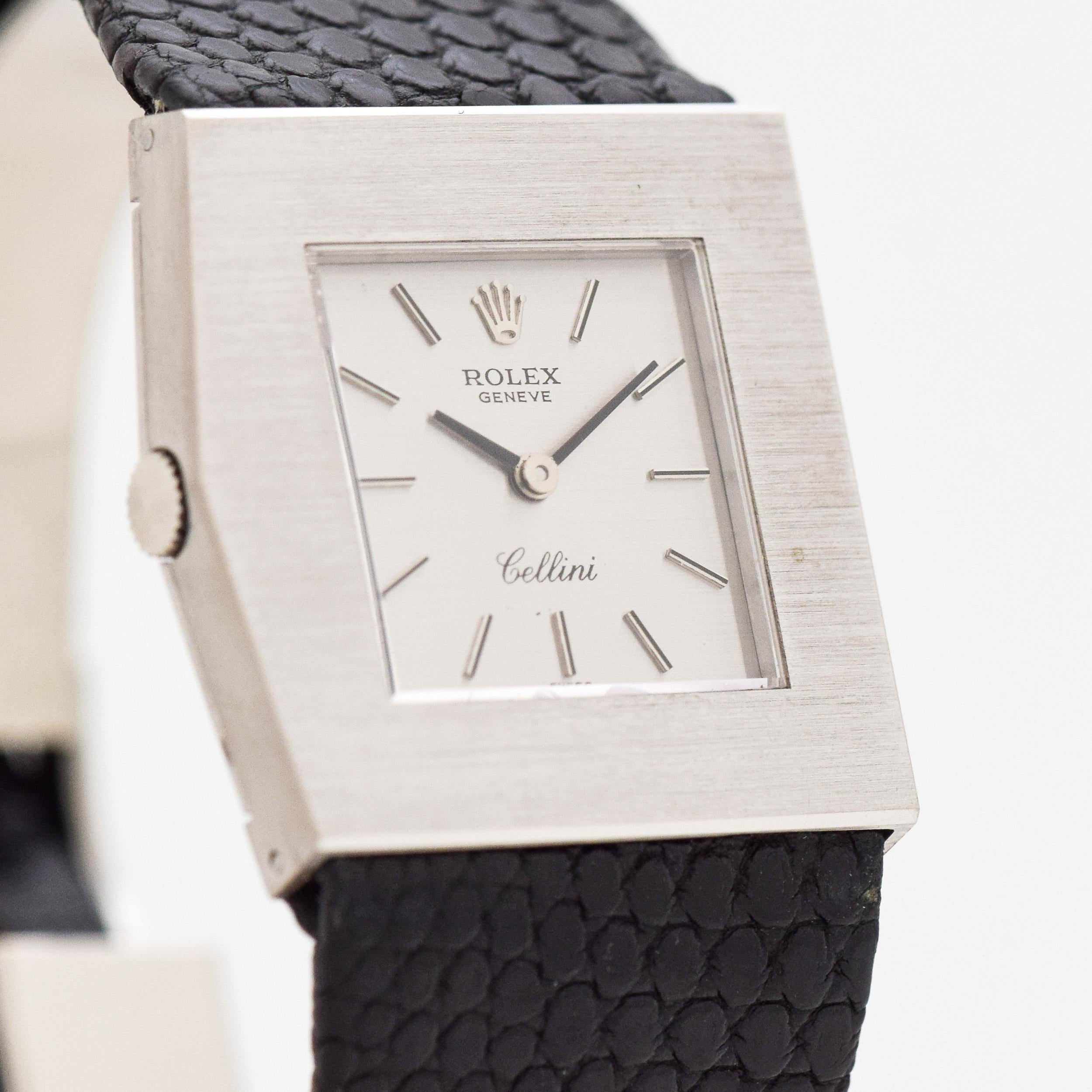 1970's (Early) Vintage Rolex Cellini King Midas Ref. 4017-10 18k White Gold watch with Silver Dial with Original Rolex Lizard Strap and Original Stainless Steel Rolex Buckle. 27mm x 27mm lug to lug (1.06 in. x 1.06 in.) - 18 jewel, manual caliber