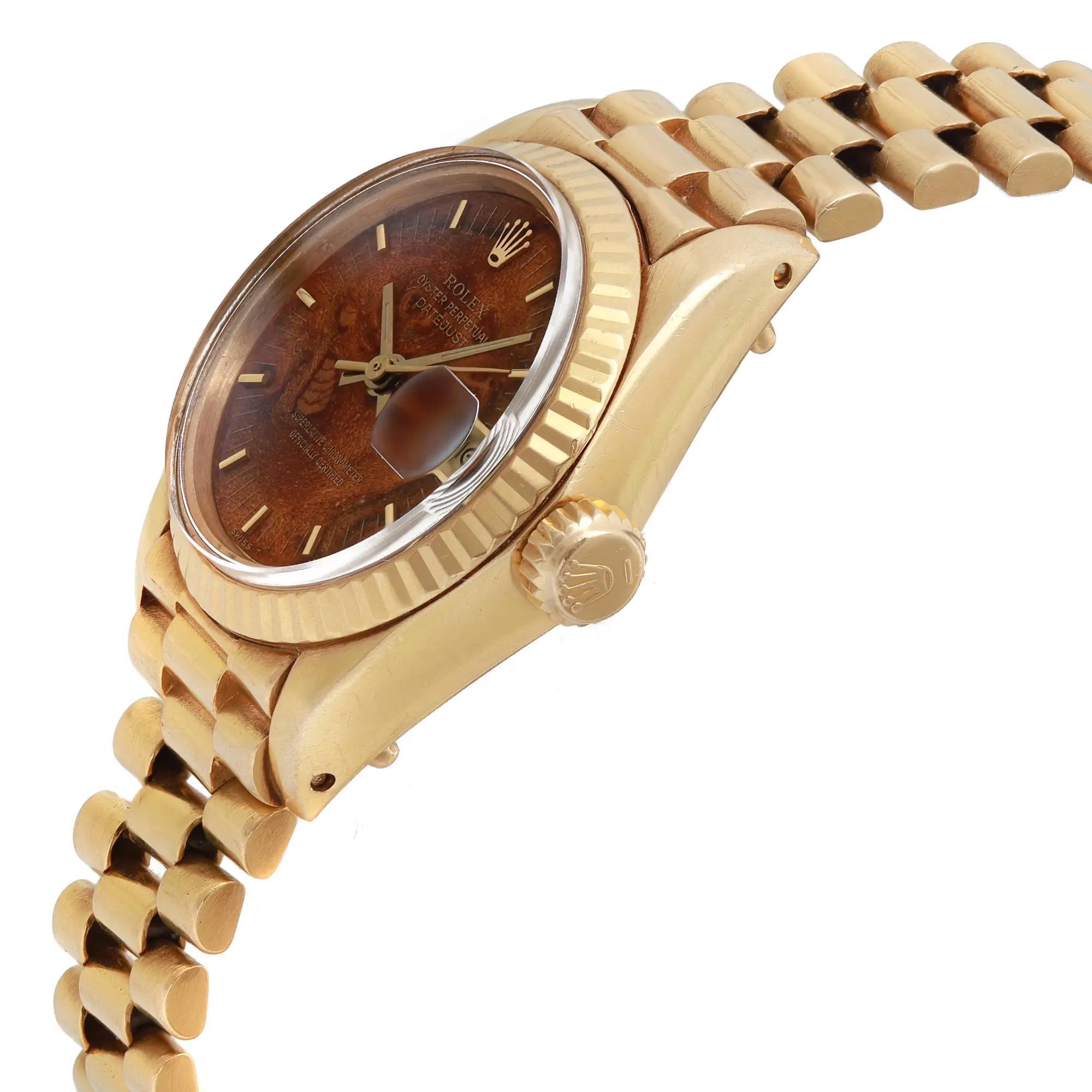Rolex Montre Datejust President 26 vintage en or jaune 18 carats avec cadran en bois 6917 État moyen à New York, NY