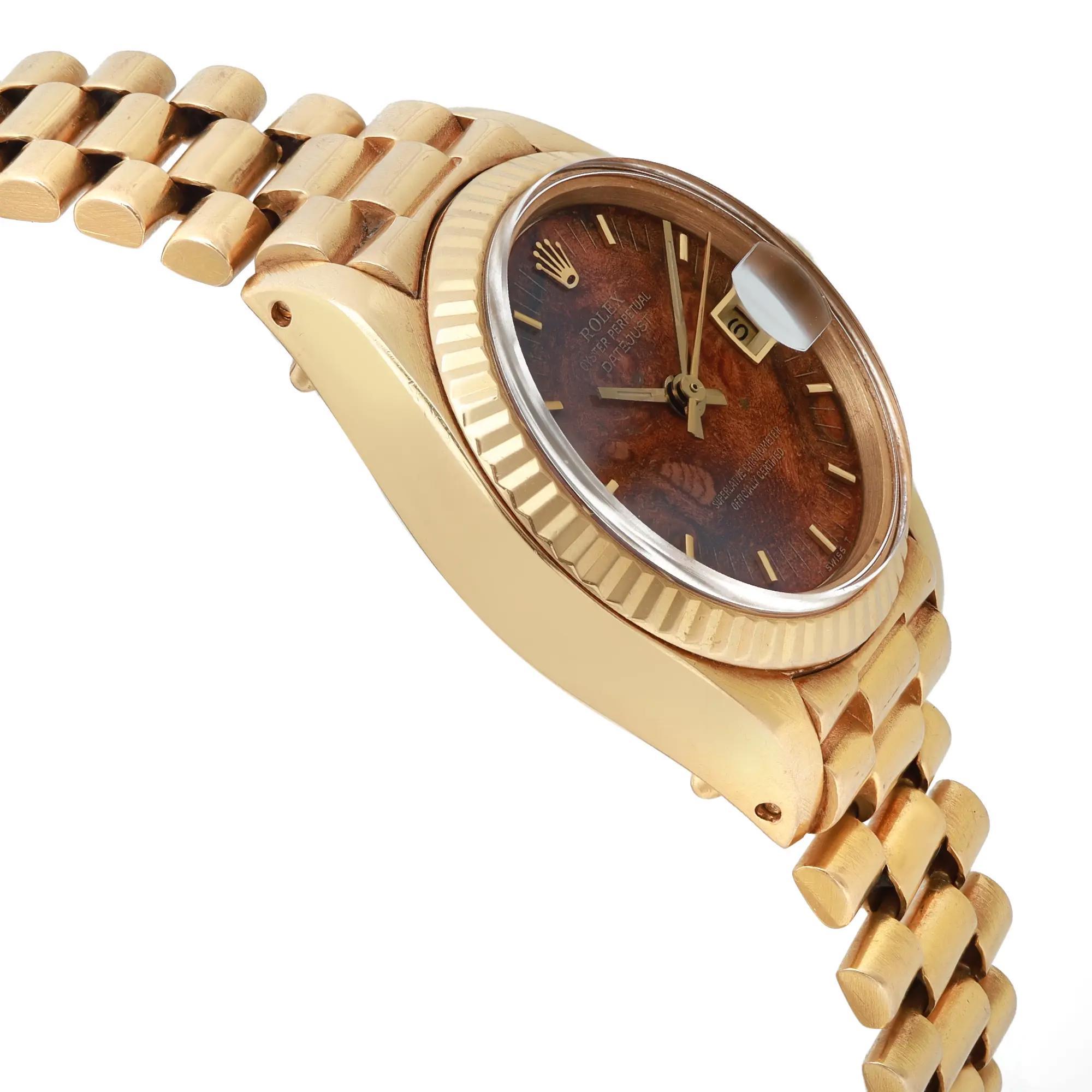  Rolex Montre Datejust President 26 vintage en or jaune 18 carats avec cadran en bois 6917 Pour femmes 